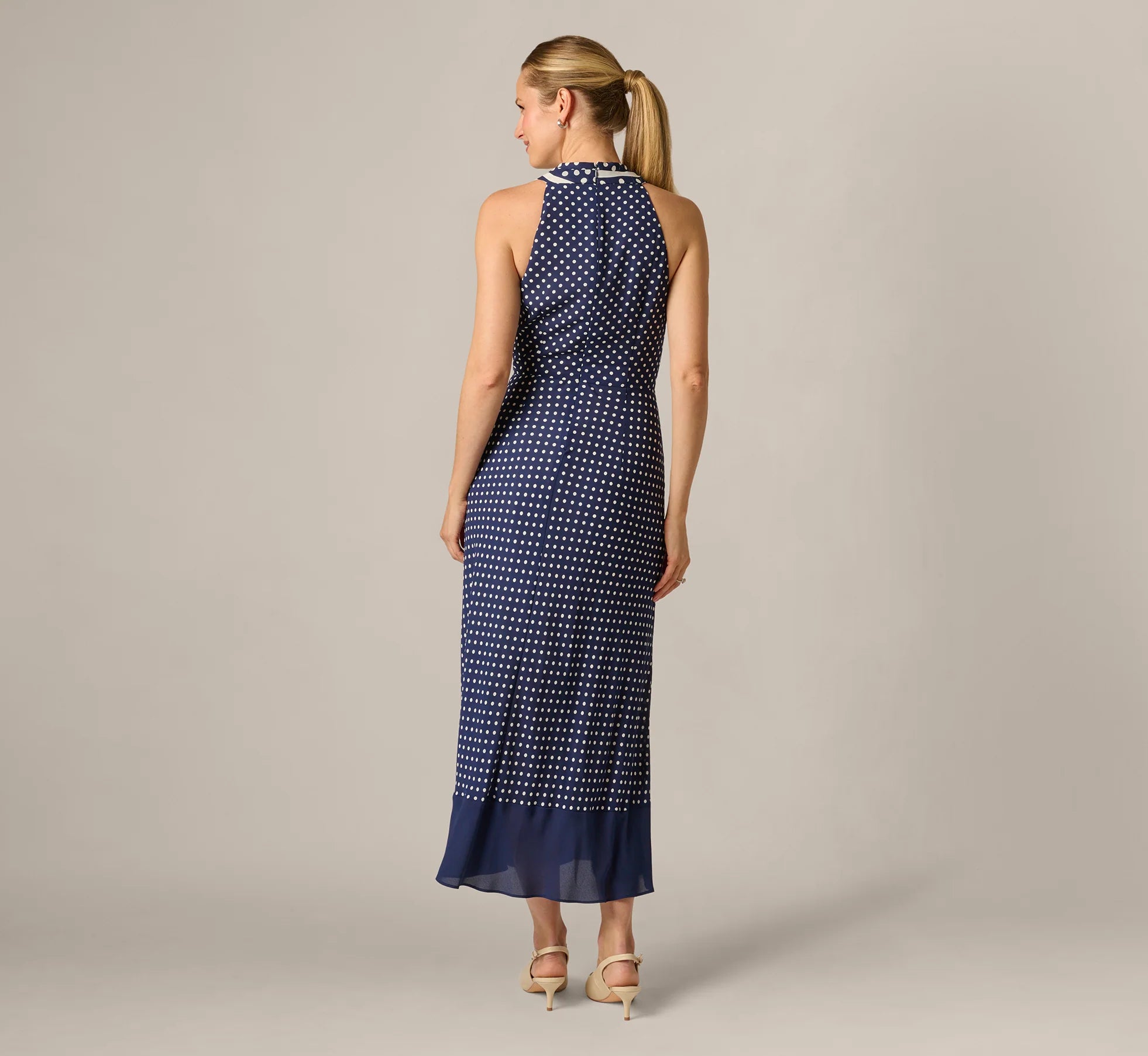 Dot Print Chiffon Halter Maxi Dress With Sash Waist In Navy Ivory