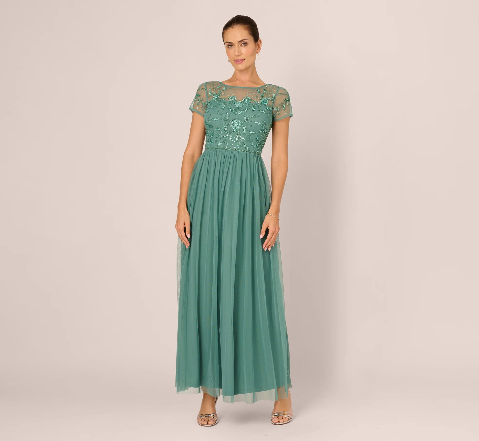 Short Sleeve A Line Beaded Illusion Dress In Green Slate