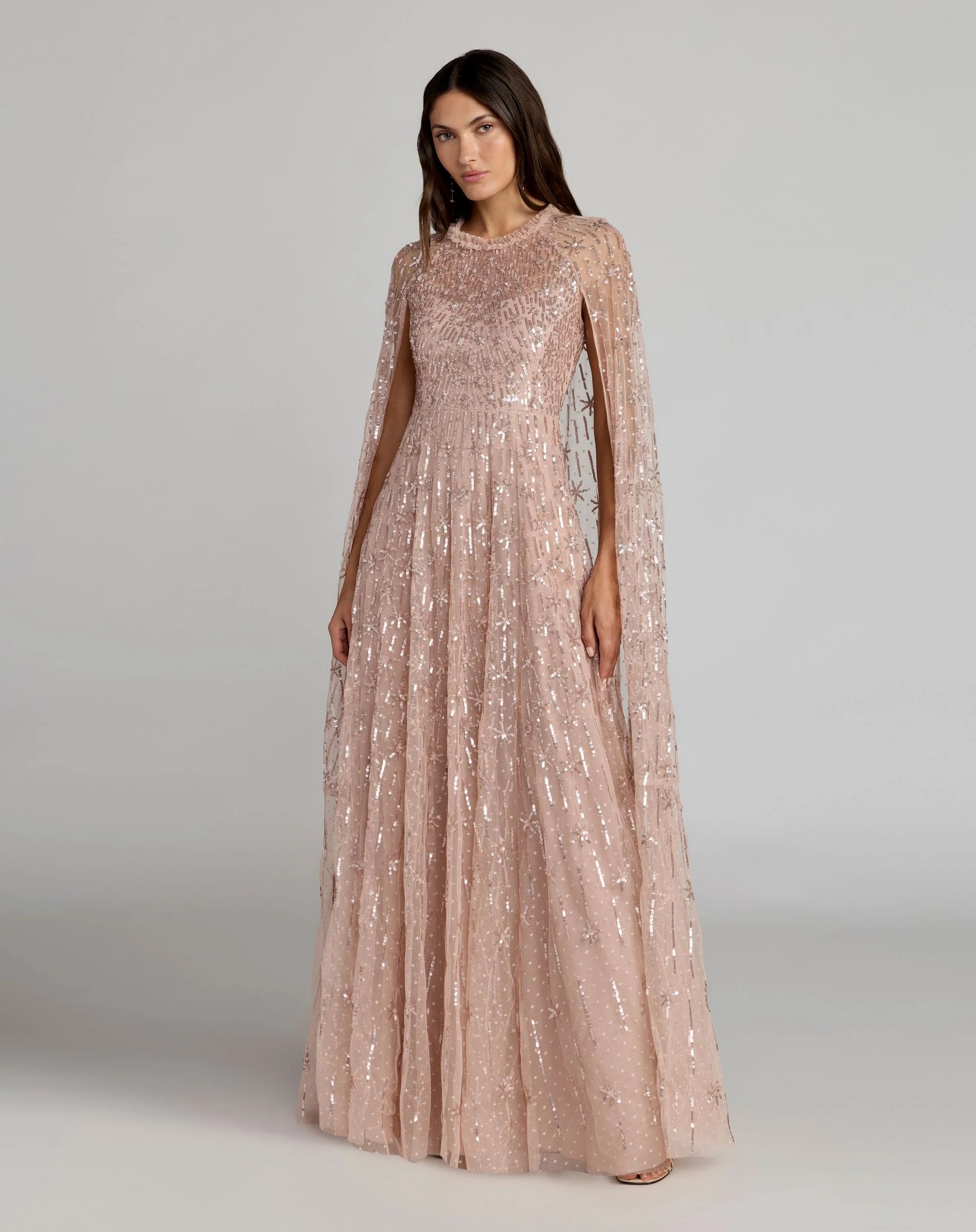 Pink Embellished High Neck Gown With Cape Sleeves
