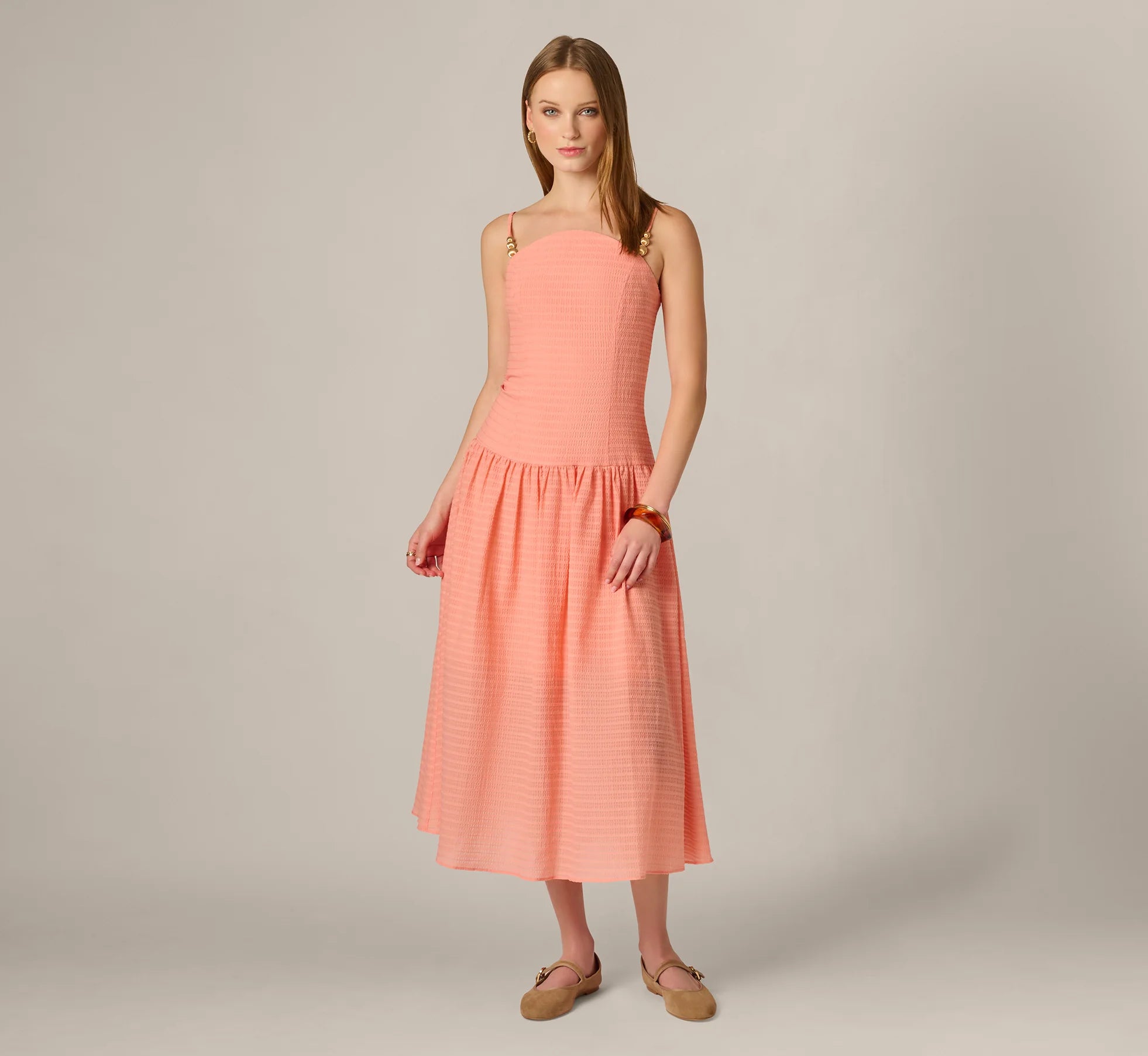 Drop Waist Seersucker Beaded Strap Sundress In Coral