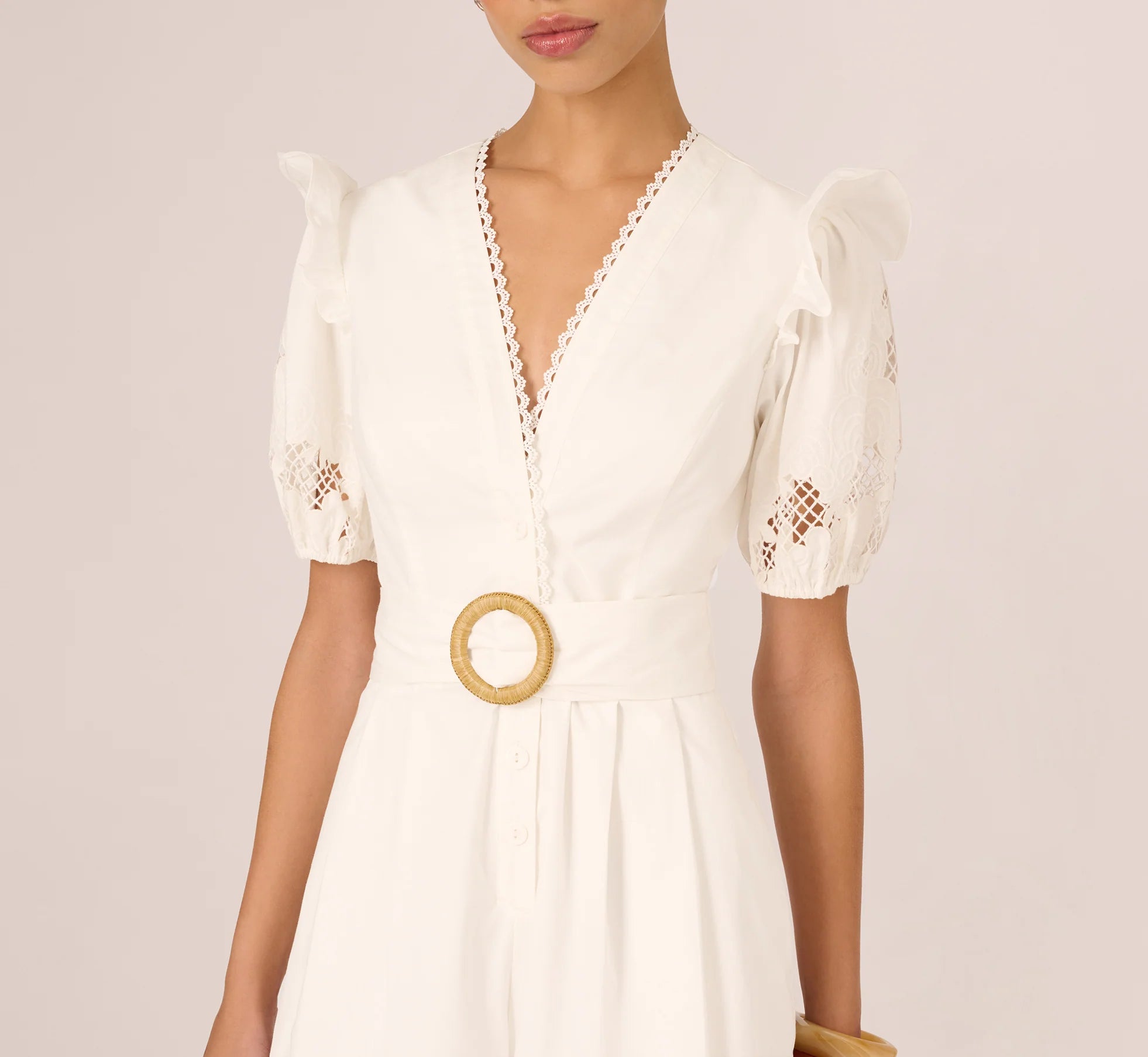 Puff Sleeve Cotton Lace Rumper In Ivory