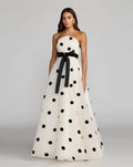 White Strapless Polka Dot Organza Gown With Satin Bow