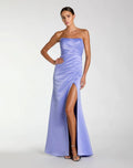 Strapless Gathered High Slit Gown