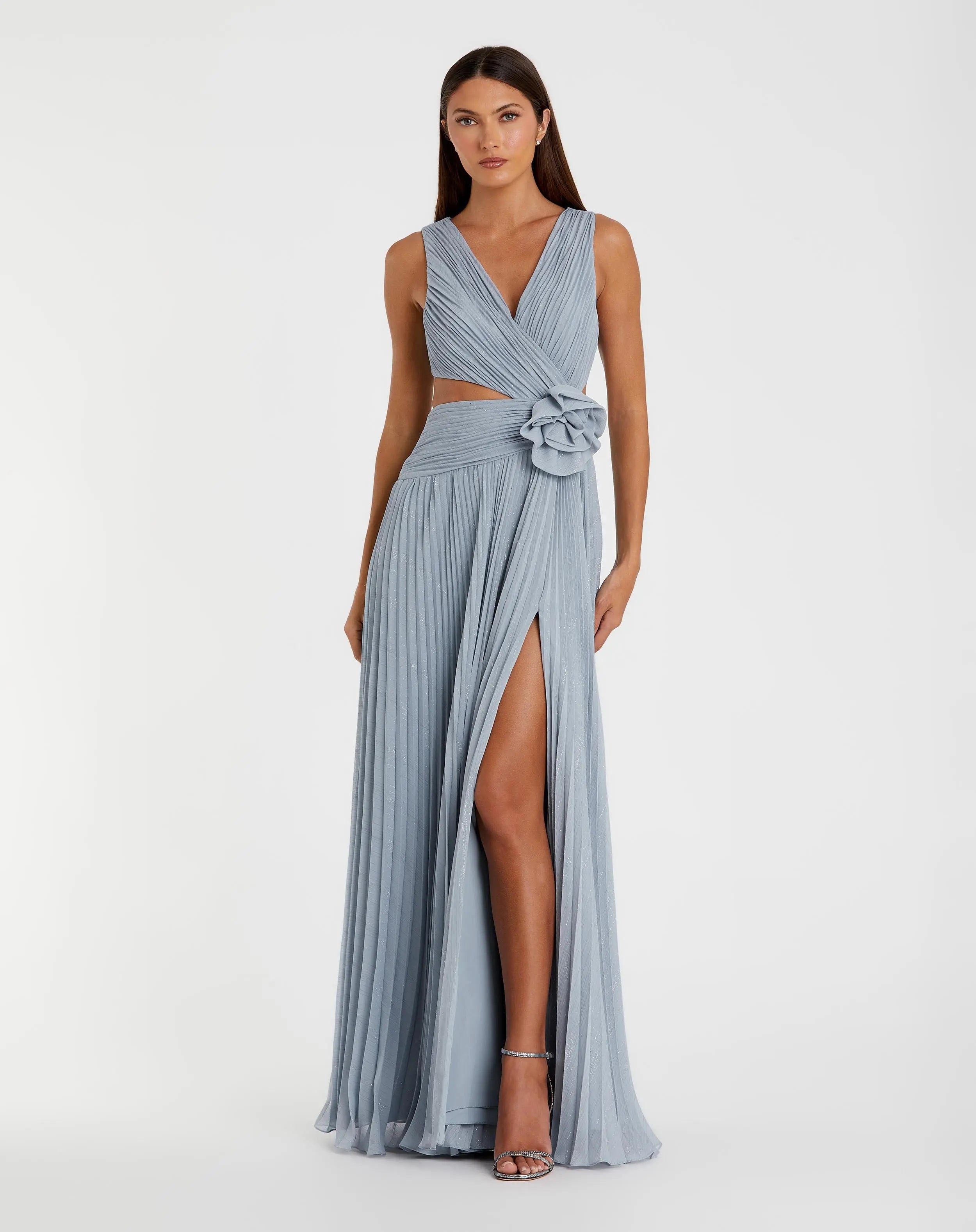 Ruched Chiffon Sleeveless Gown With 3D Flower