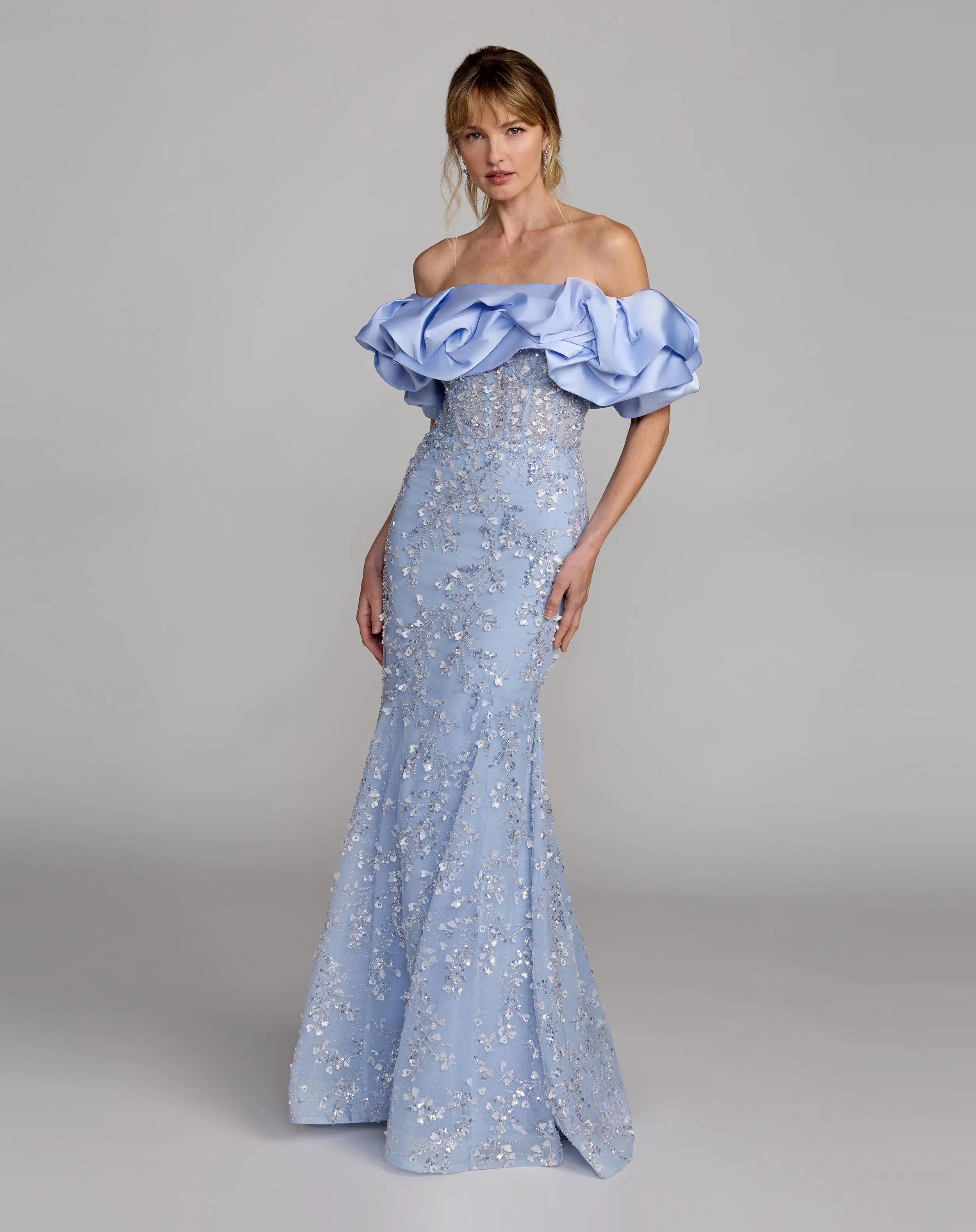 Beaded Mermaid Gown With Off The Shoulder Ruffle