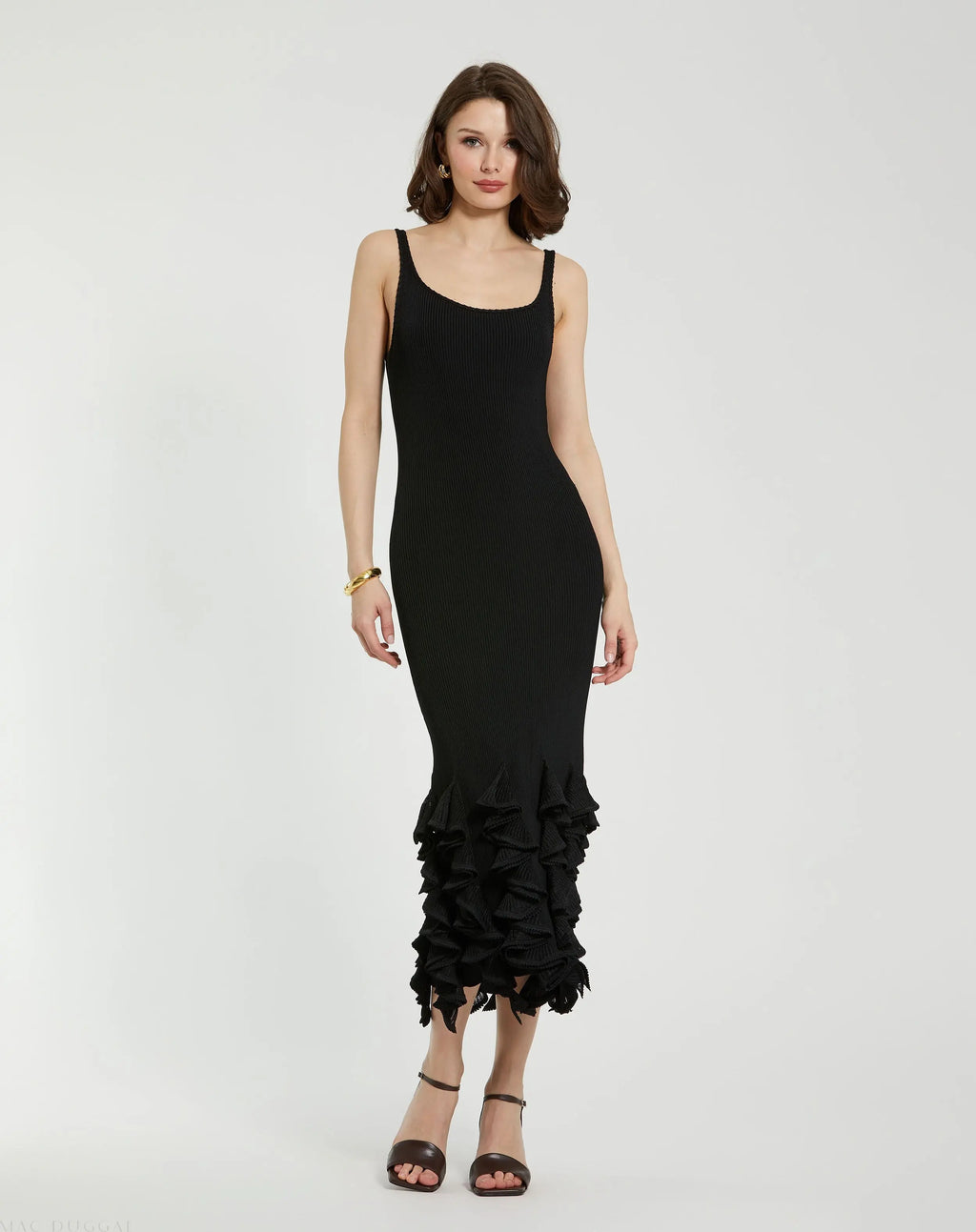 Black Rib Knit Sleeveless Midi Dress With Ruffle Hem - FINAL SALE