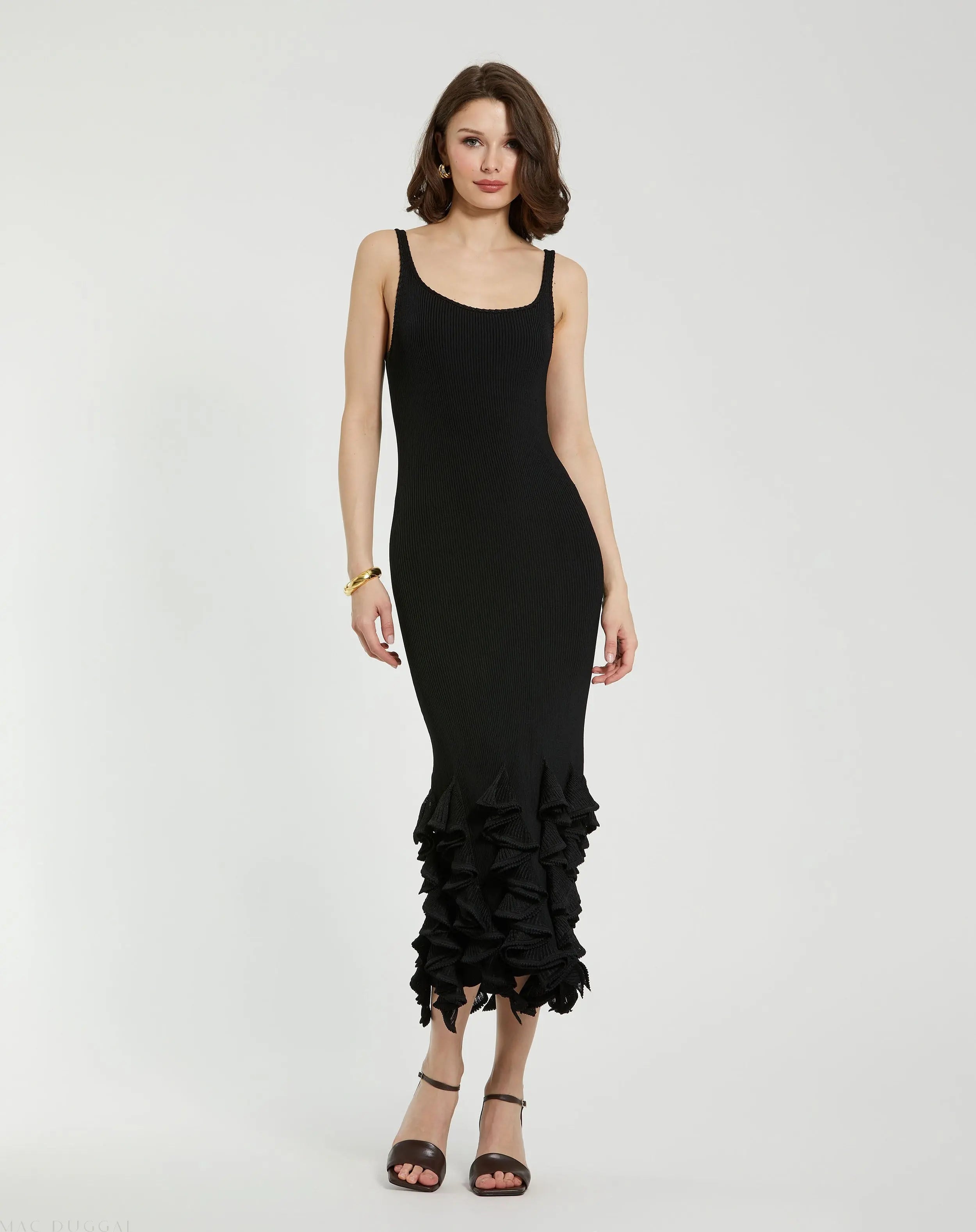 Black Rib Knit Sleeveless Midi Dress With Ruffle Hem - FINAL SALE