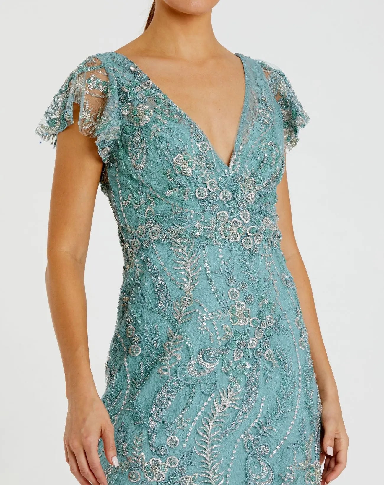 V Neck Flutter Sleeve Floral Embroidered Gown