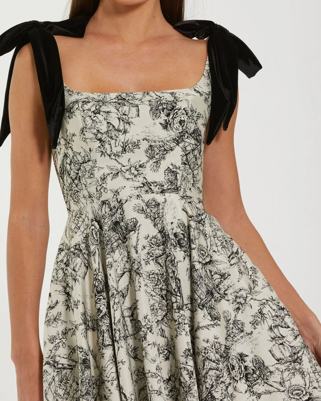Black Ivory Brocade A Line Midi Dress With Bow Straps