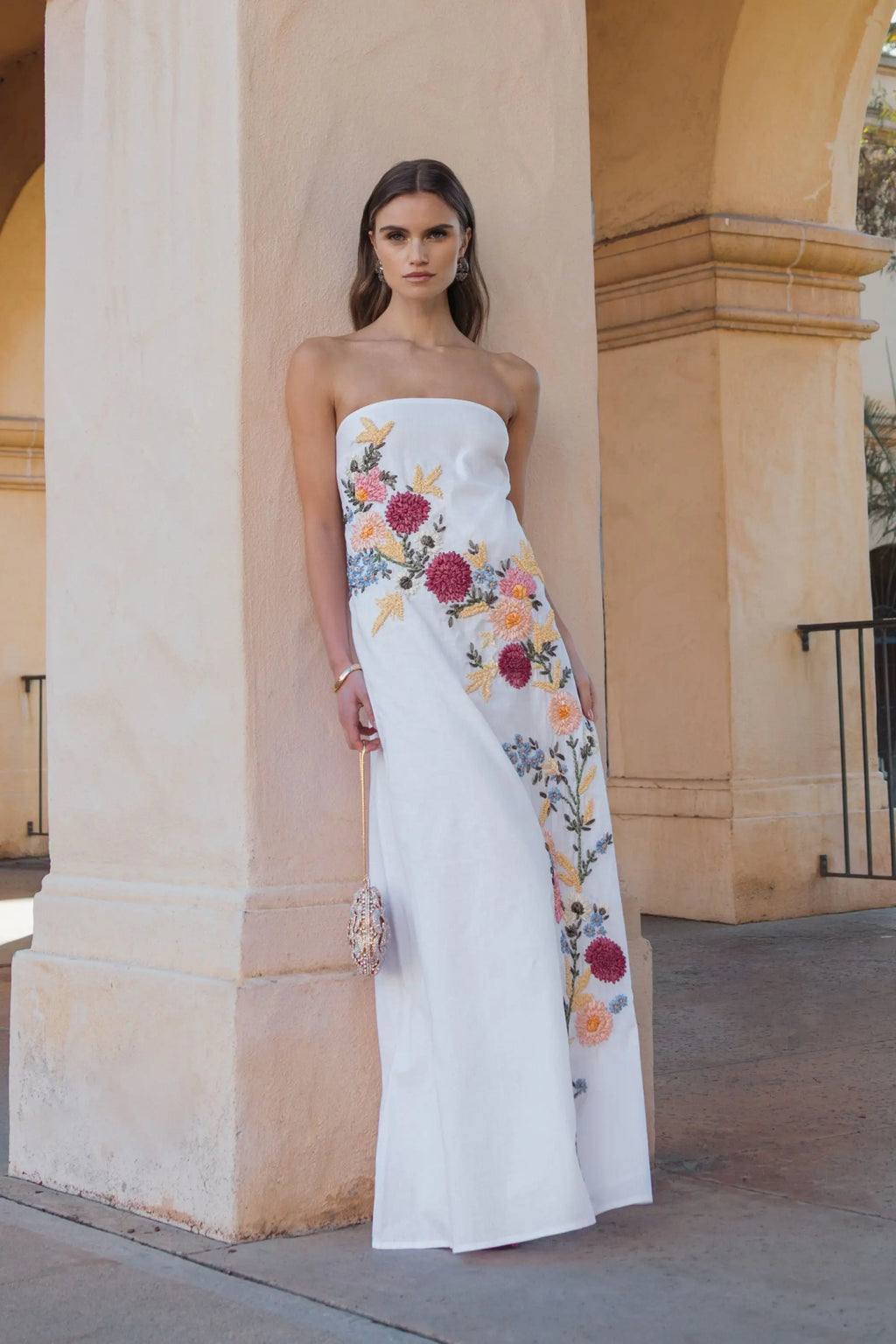 White Strapless Floral Embroidered Linen Gown