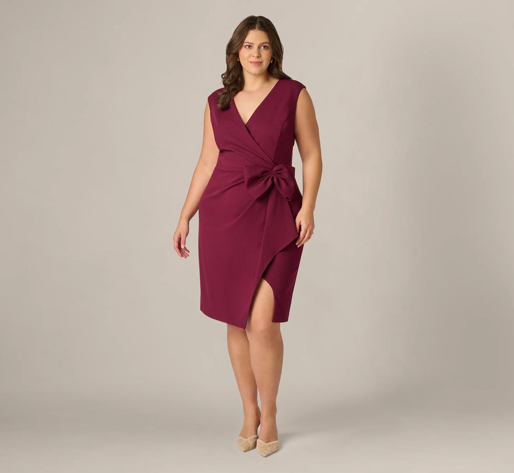 Plus Size Bow Accent Stretch Wrap Dress In Cabernet