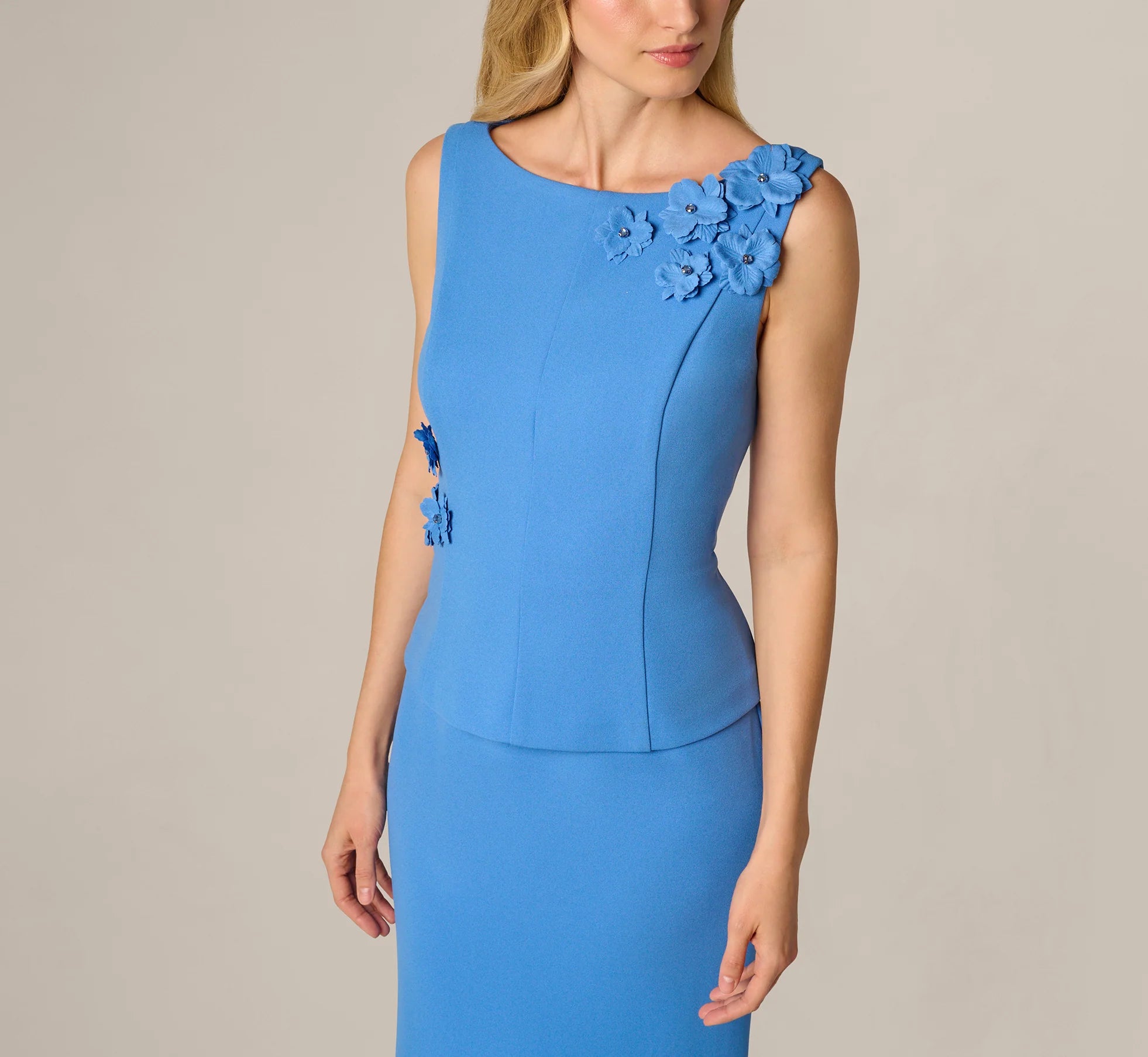 3D Floral Peplum Stretch Mermaid Gown In Cool Water