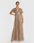 Beige Embellished Short Sleeve Empire Waist Gown