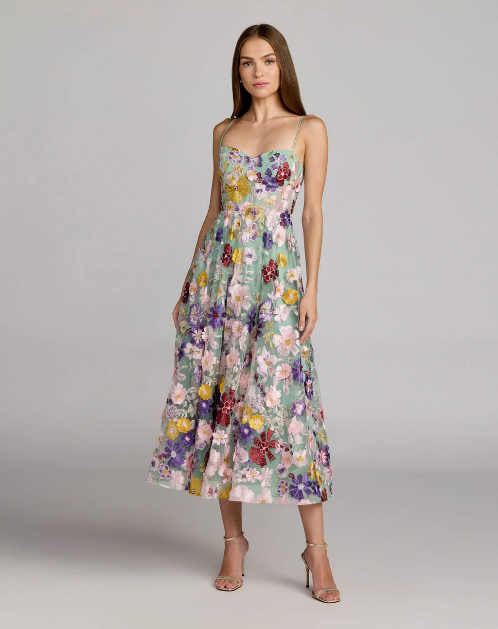 Green Sweetheart Neck Embroidered Midi Dress