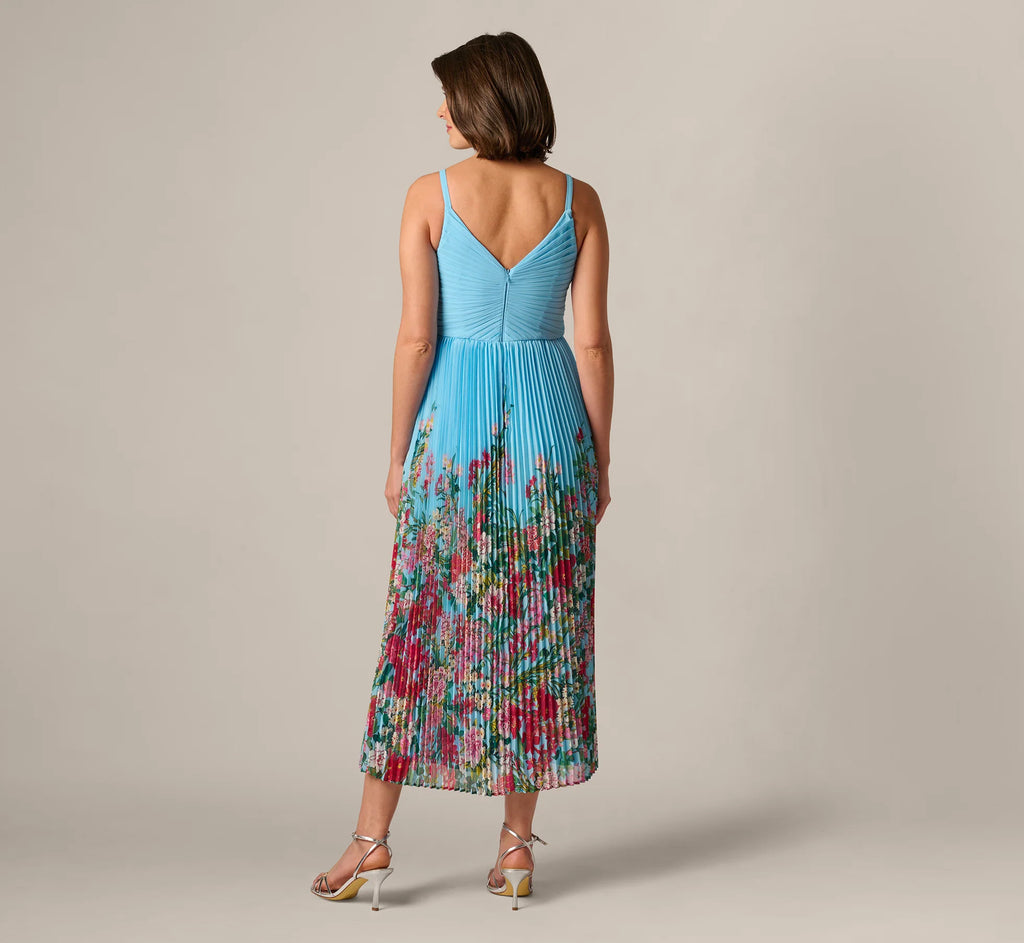 Pleated Wildflower Border Midi Dress In Light Blue Multi