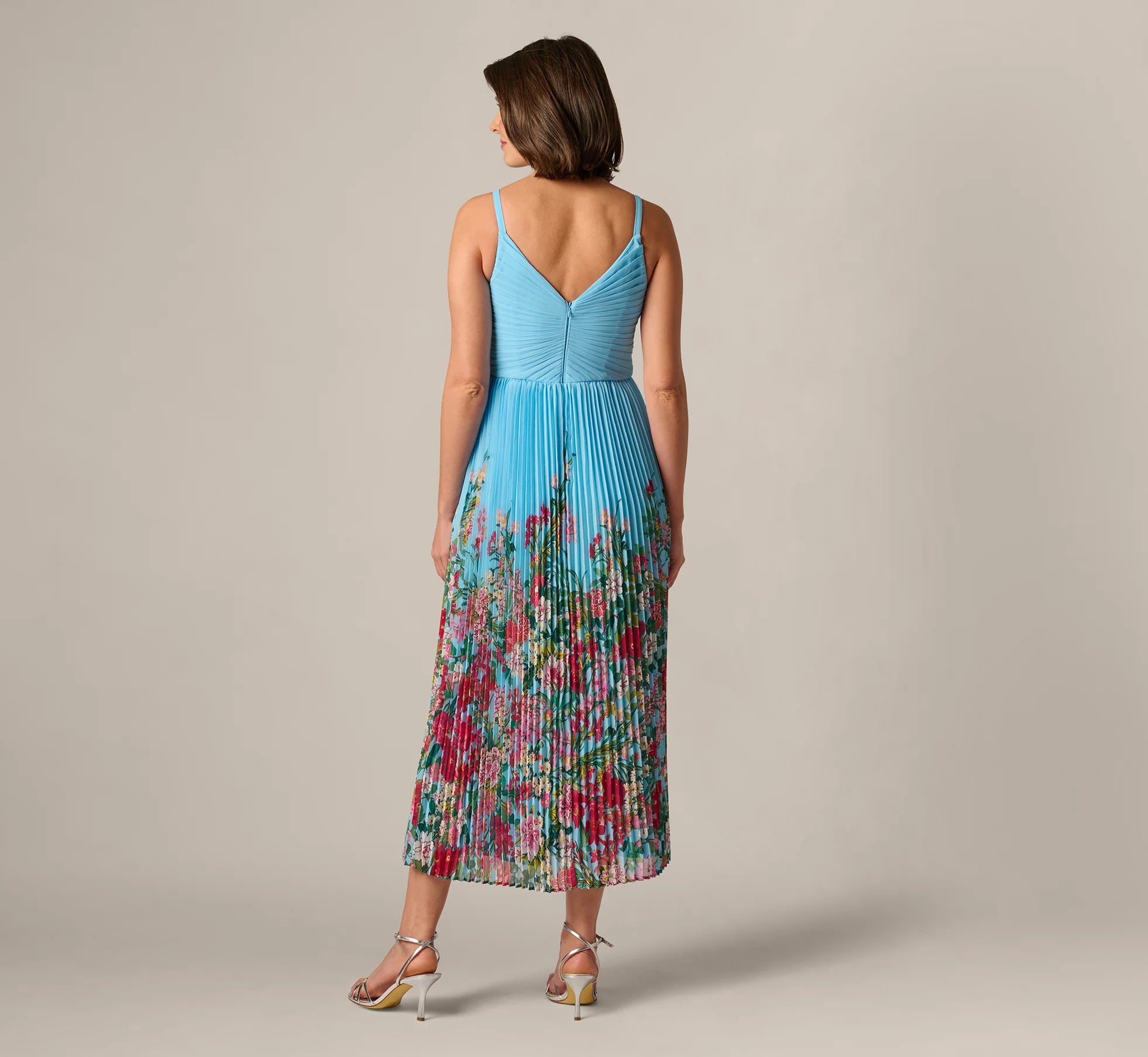 Pleated Wildflower Border Midi Dress In Light Blue Multi