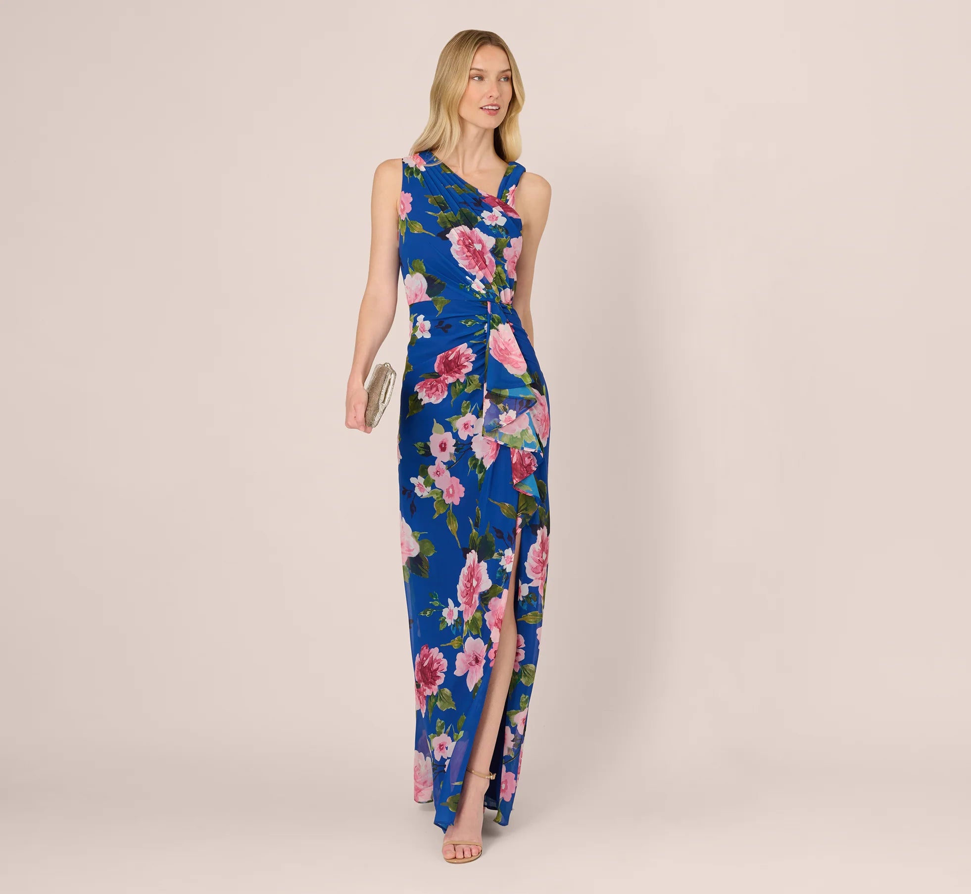 Asymmetrical Draped Floral Chiffon Gown In Dark Blue Multi