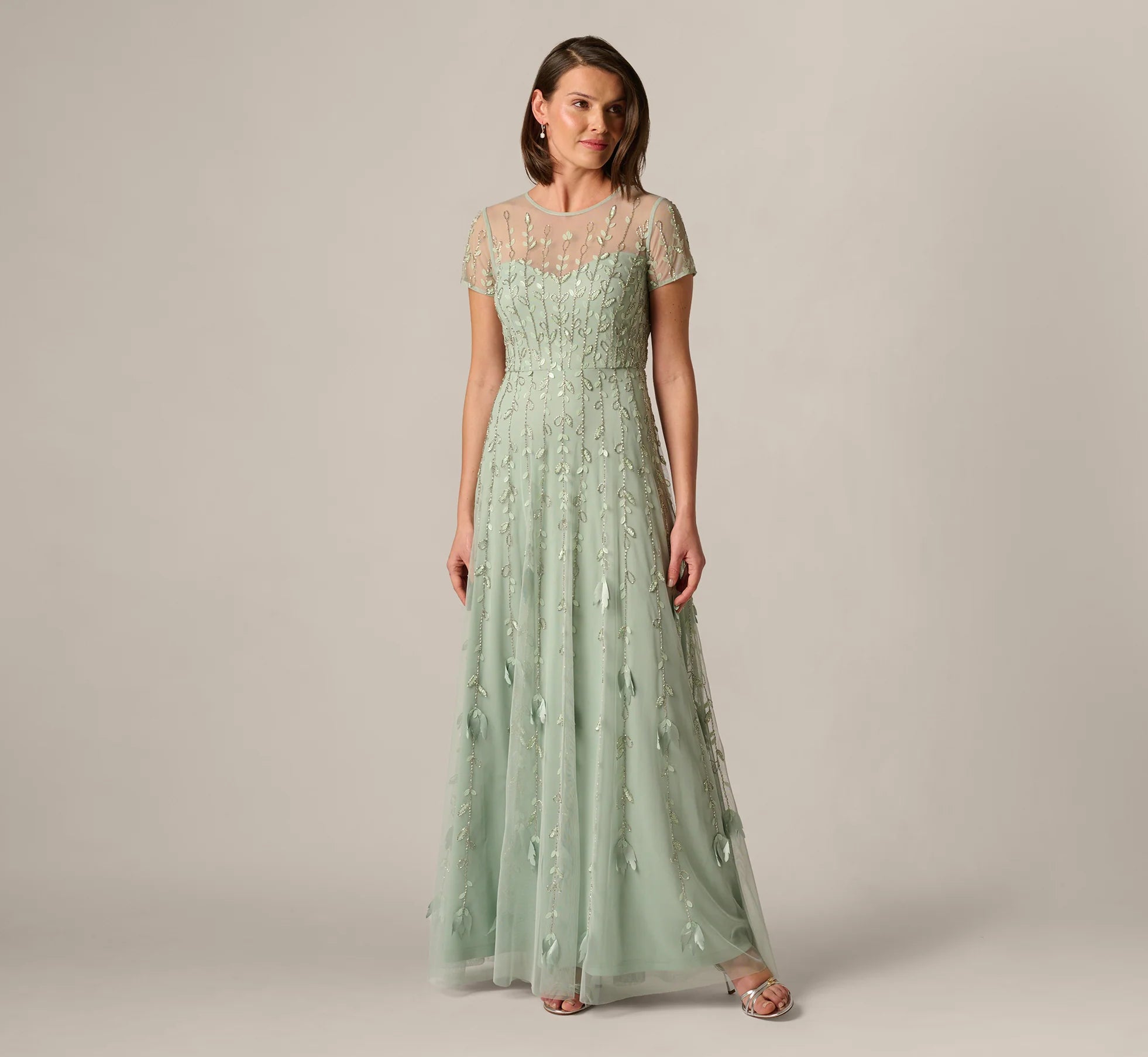 Short Sleeve 3D Beaded Vine Gown In Icy Sage