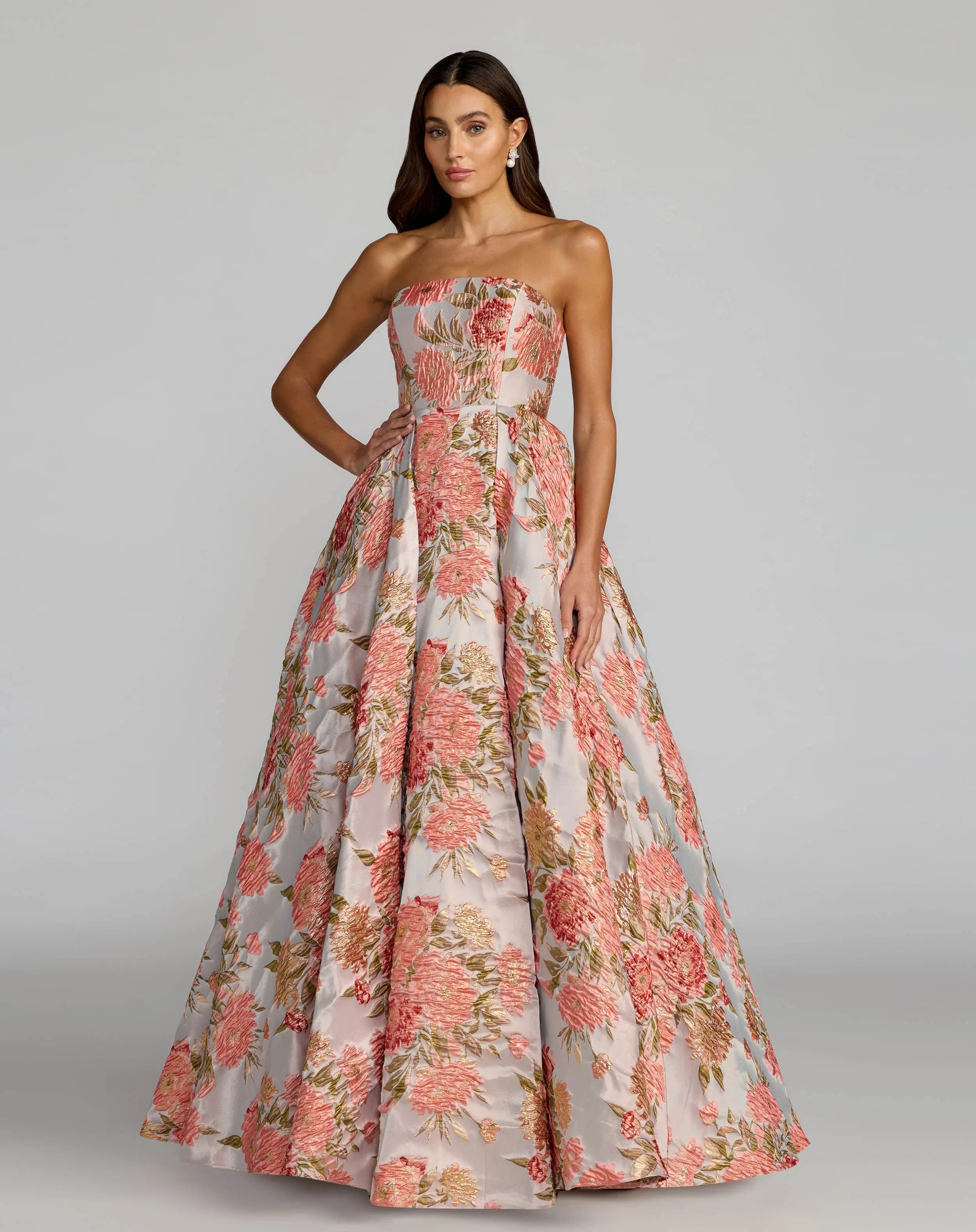 Pink Strapless Floral Brocade Ball Gown With Pockets