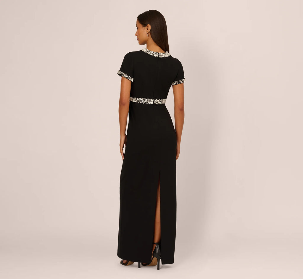Short Sleeve Stretch Crepe Pearly Beaded Gown In Black Ivory