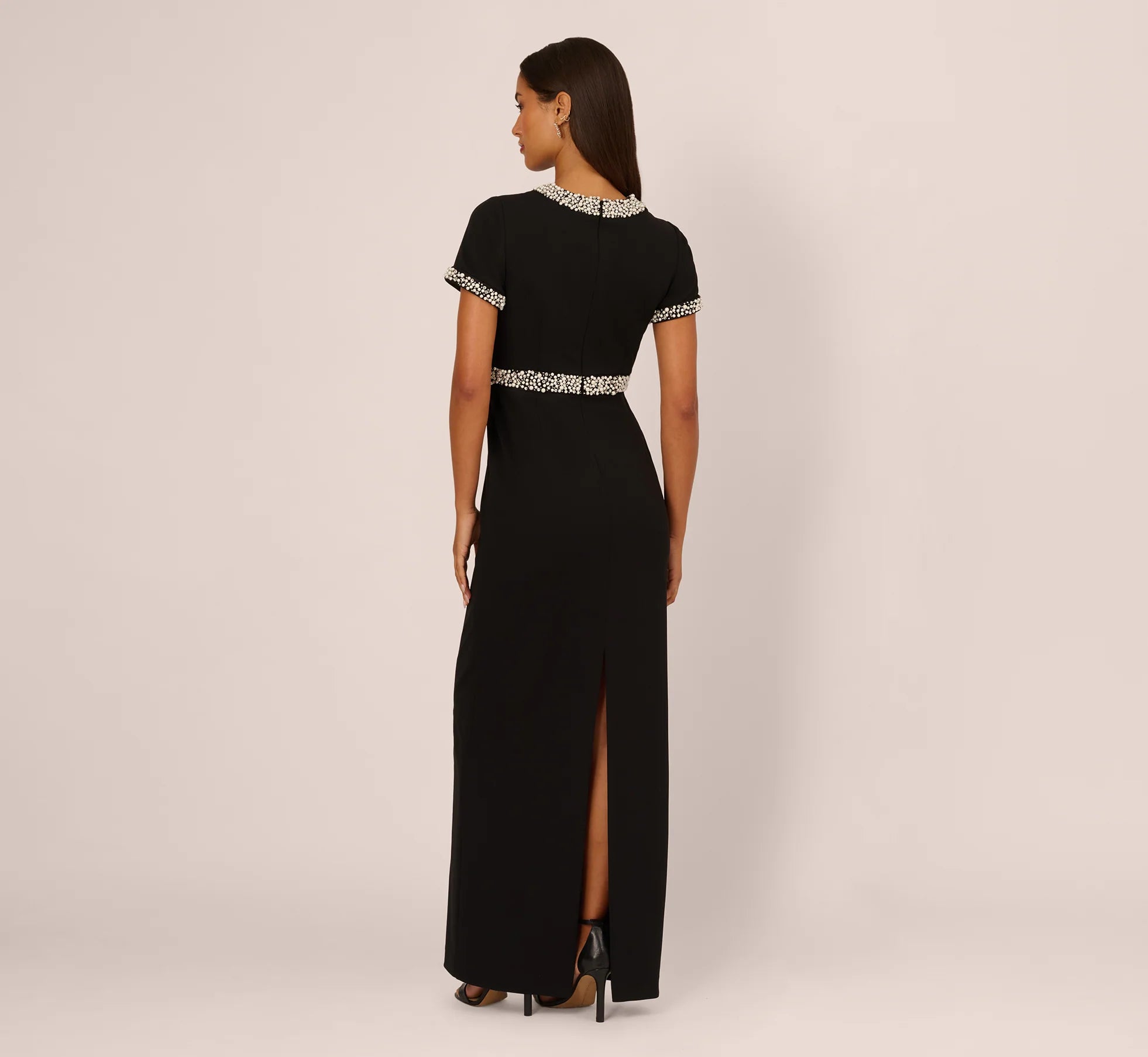 Short Sleeve Stretch Crepe Pearly Beaded Gown In Black Ivory