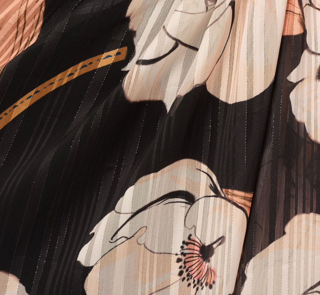 One Shoulder Floral Ribbon Stripe Gown In Black Multi