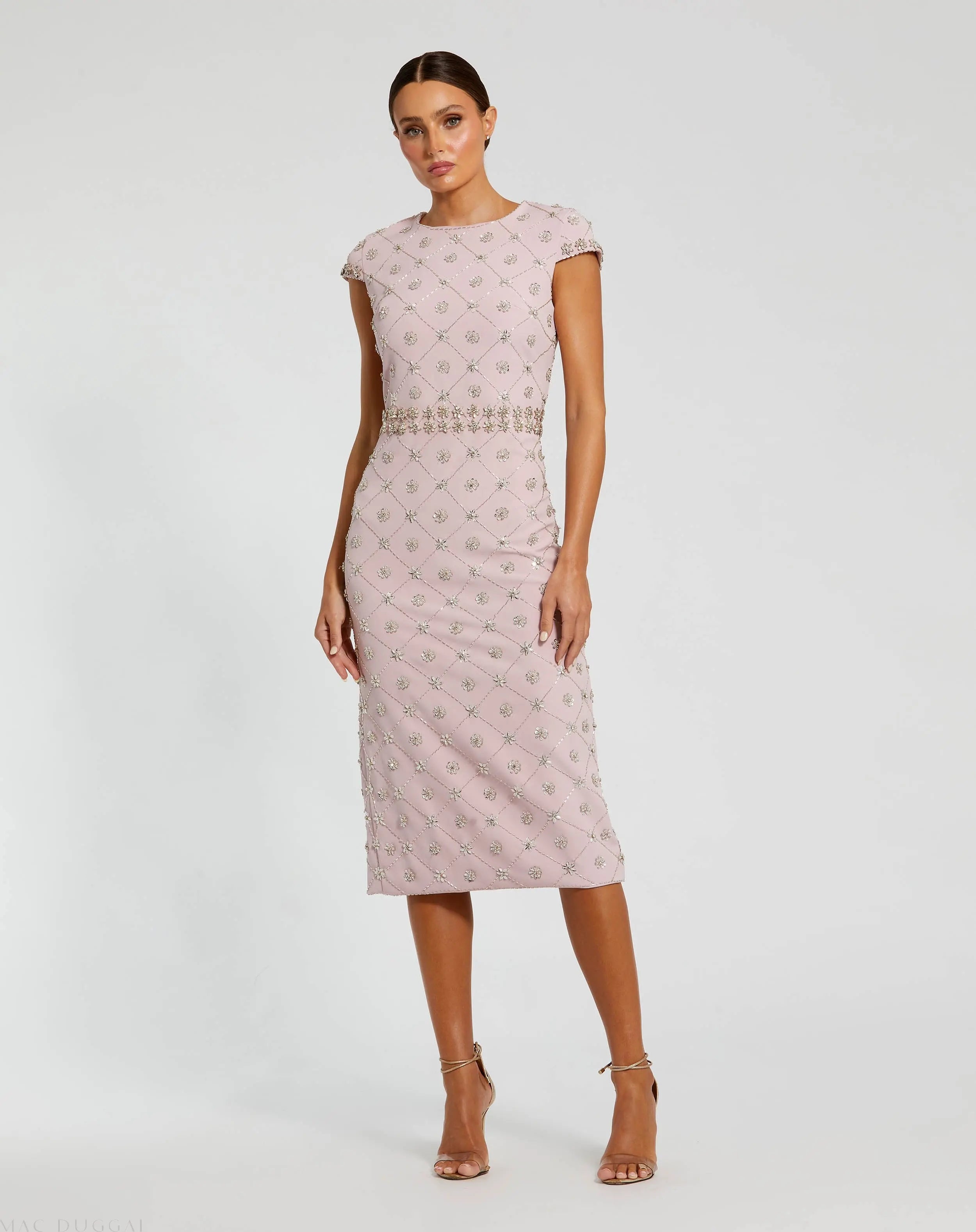 Pink Hand Embellished High Neck Midi Dress
