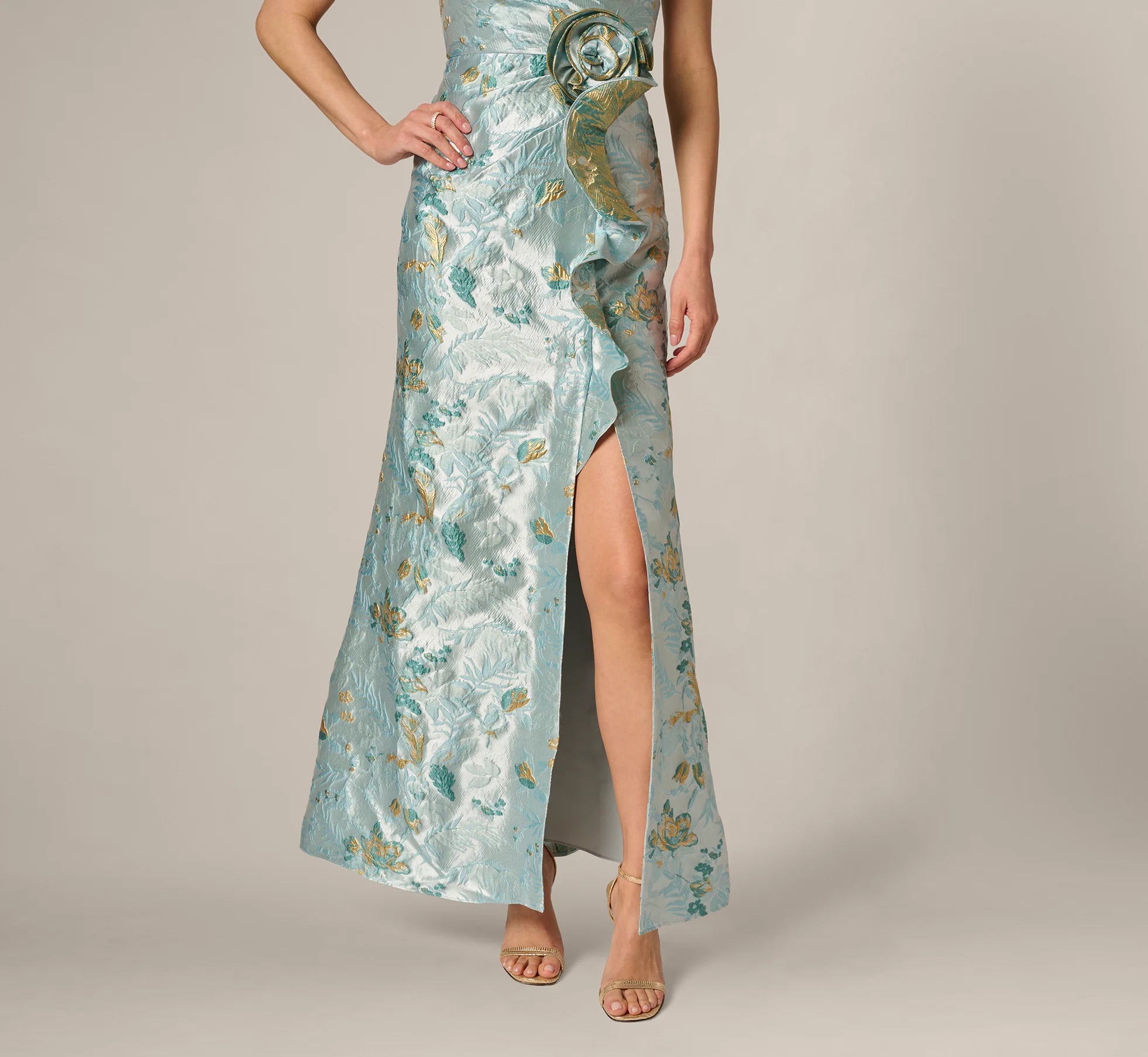 One Shoulder Floral Jacquard Rosette Gown In Blue Multi