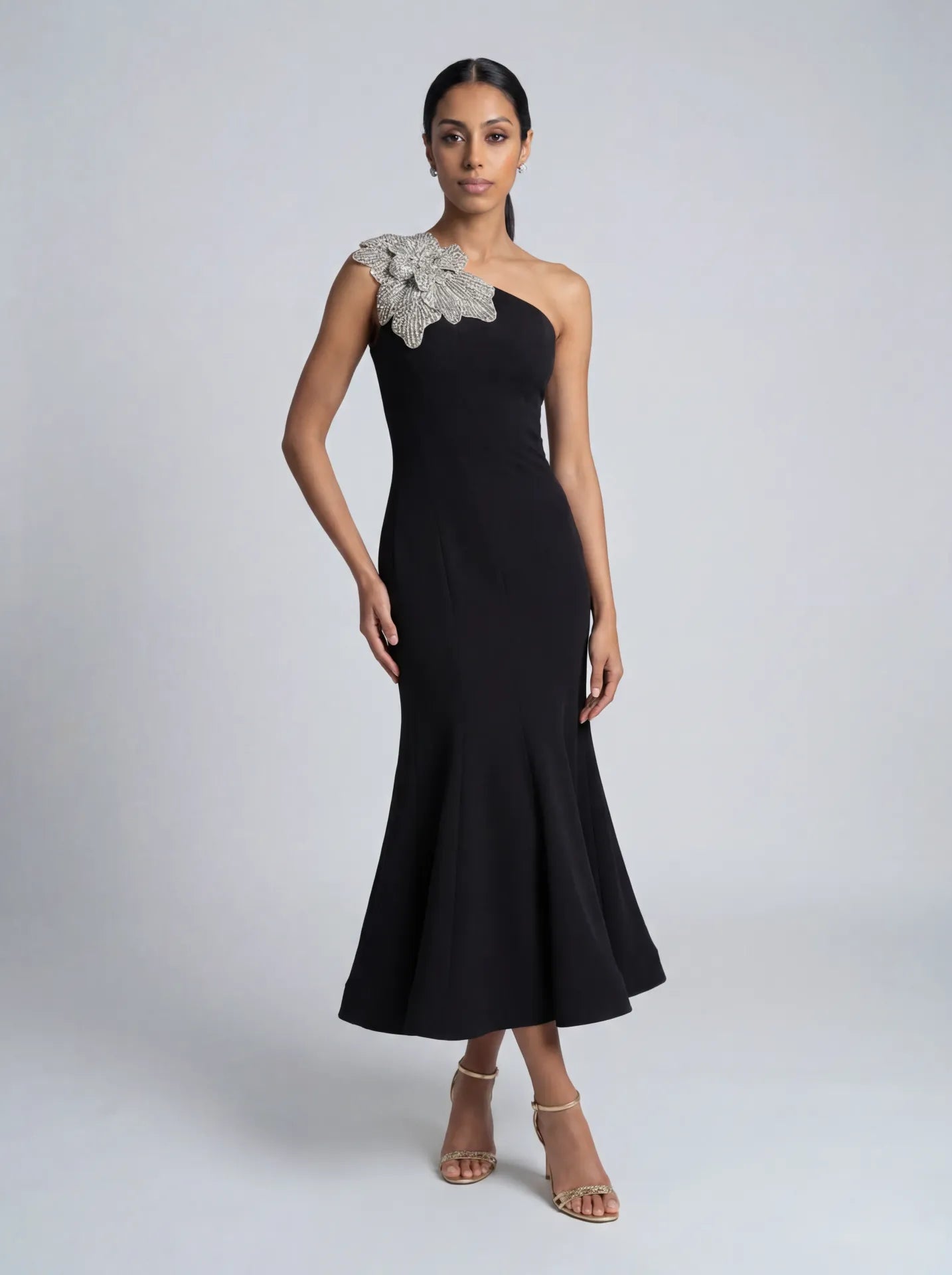 Crepe One Shoulder Midi Dress with Flower