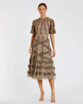 Illusion Floral Midi Dress with Ruffle Detailing