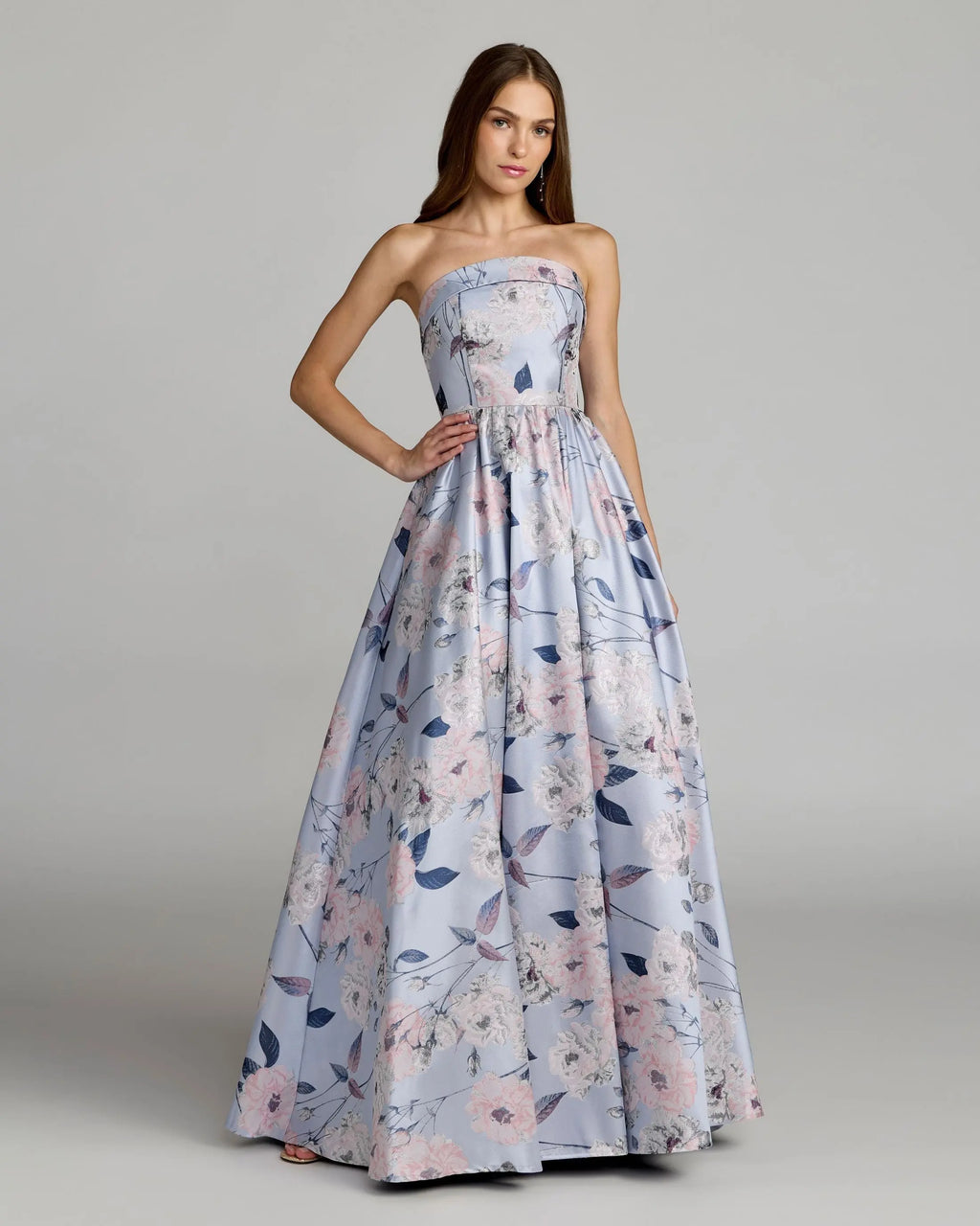 Blue Floral Brocade Strapless Ball Gown