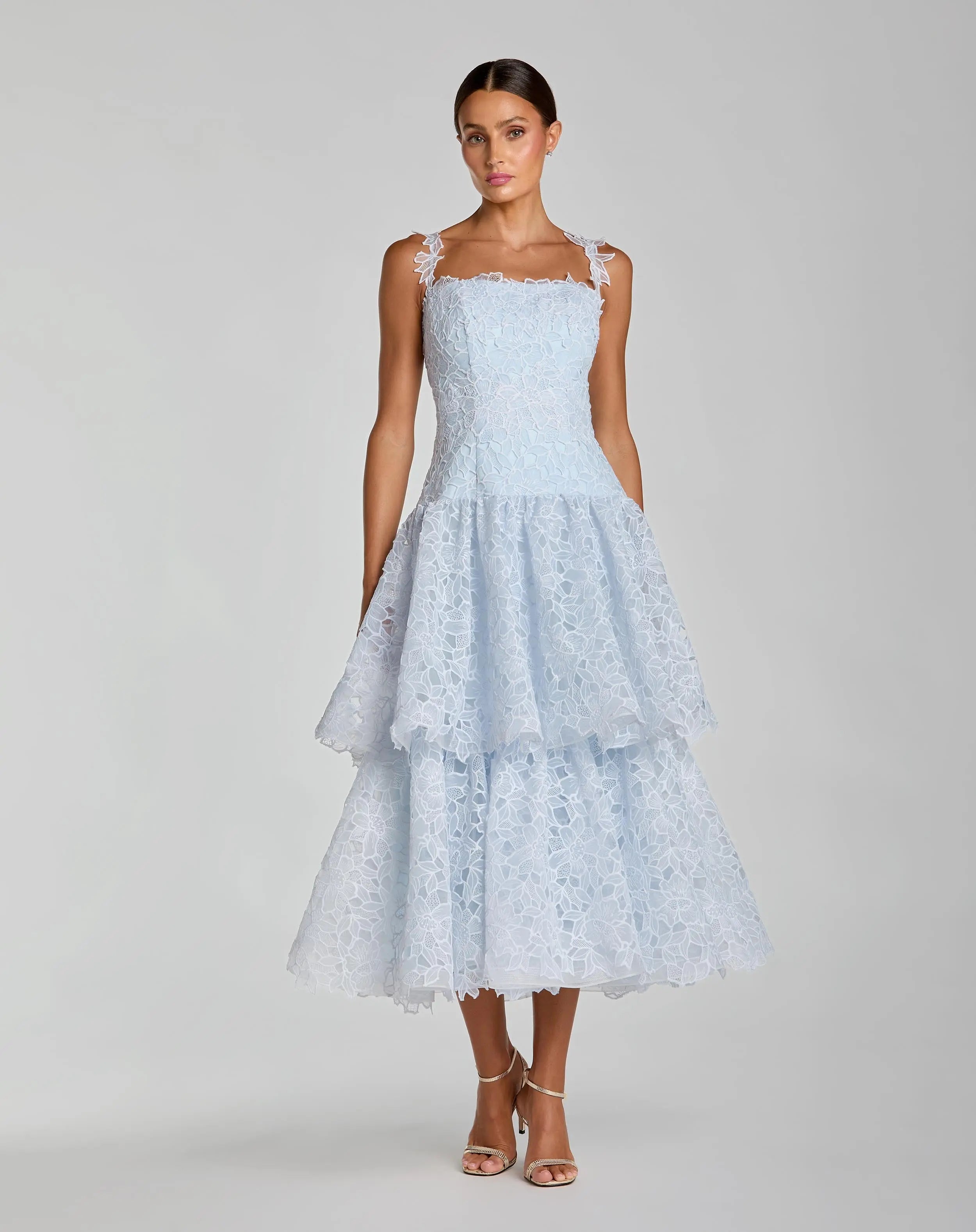 Sleeveless Embroidered Lace Tiered Midi Dress