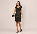 Cap Sleeve Soutache Lace Beaded Midi Dress In Black Nude