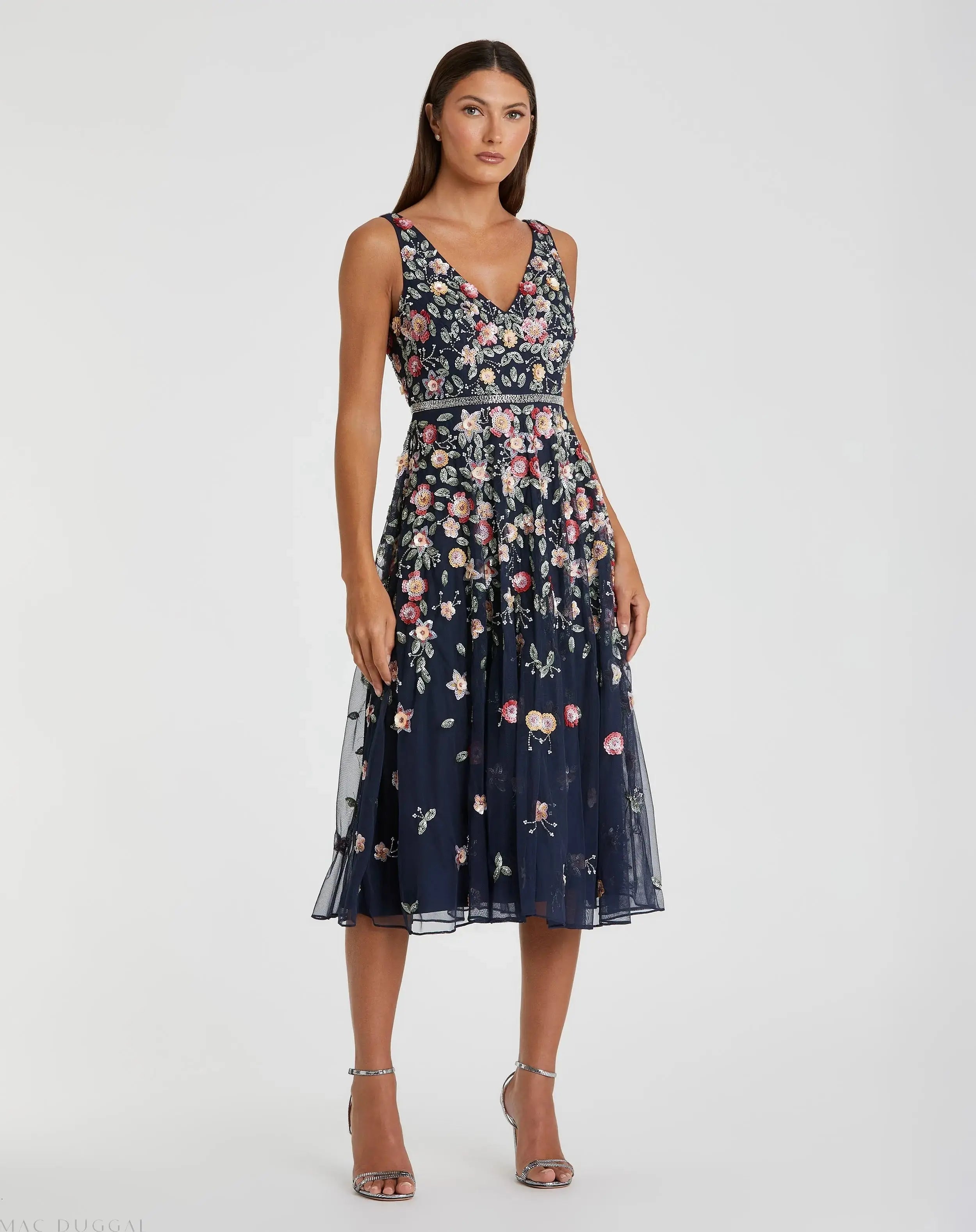 Navy V-Neck Sleeveless Midi Floral Beaded A-line Dress