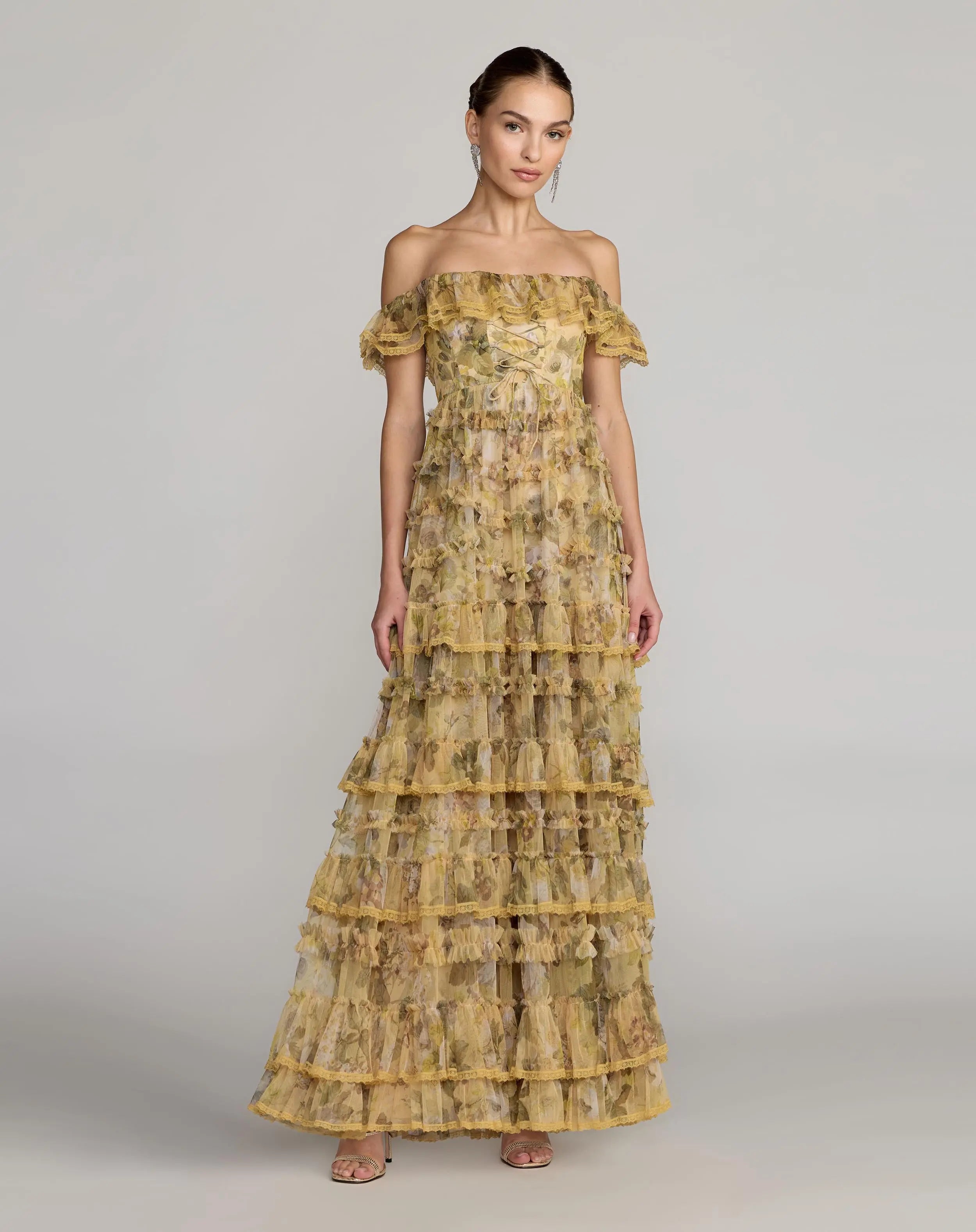 Yellow Floral Off The Shoulder Tiered Gown