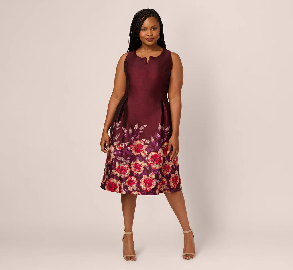 Plus Size Sleeveless Floral Border Jacquard Midi Dress In Plum Multi