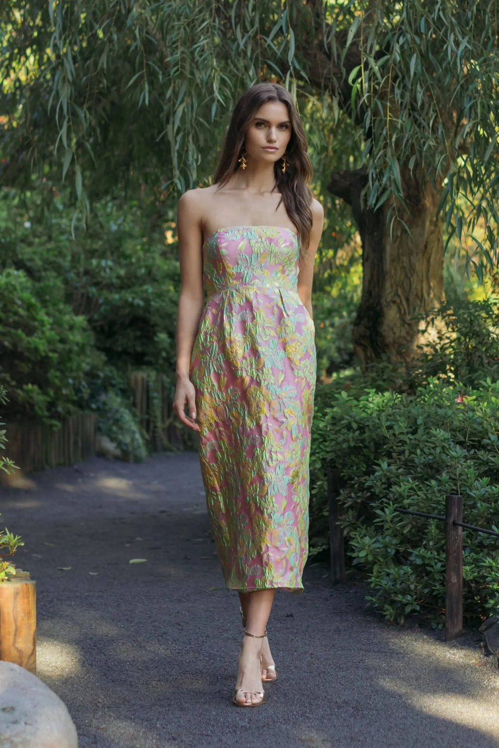 Multicolor Strapless Floral Brocade Midi Dress