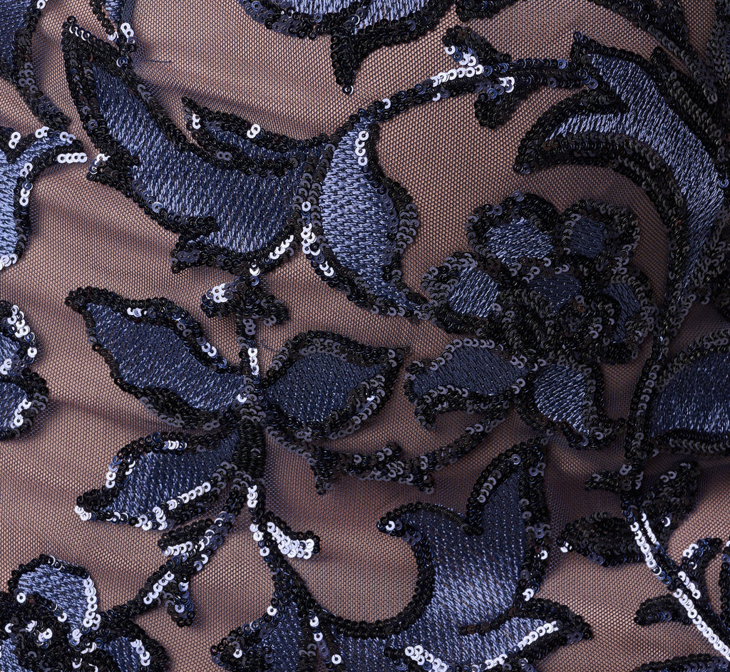 Plus Size Short Sleeve Floral Sequin Stretch Mesh Gown In Navy Rosegold