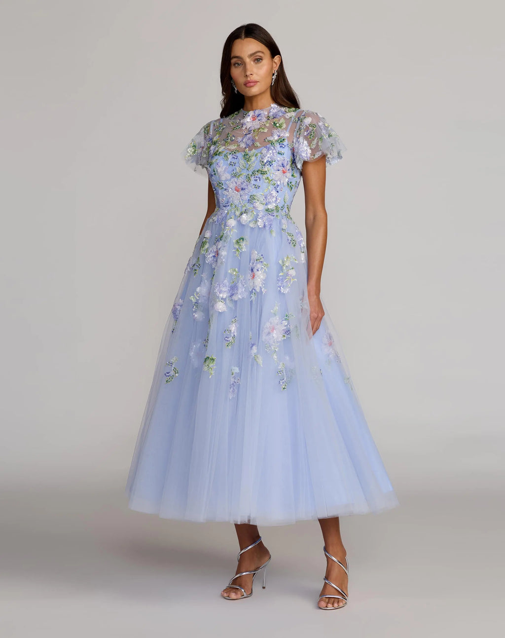 Blue Flutter Sleeve Embroidered A-Line Midi Dress