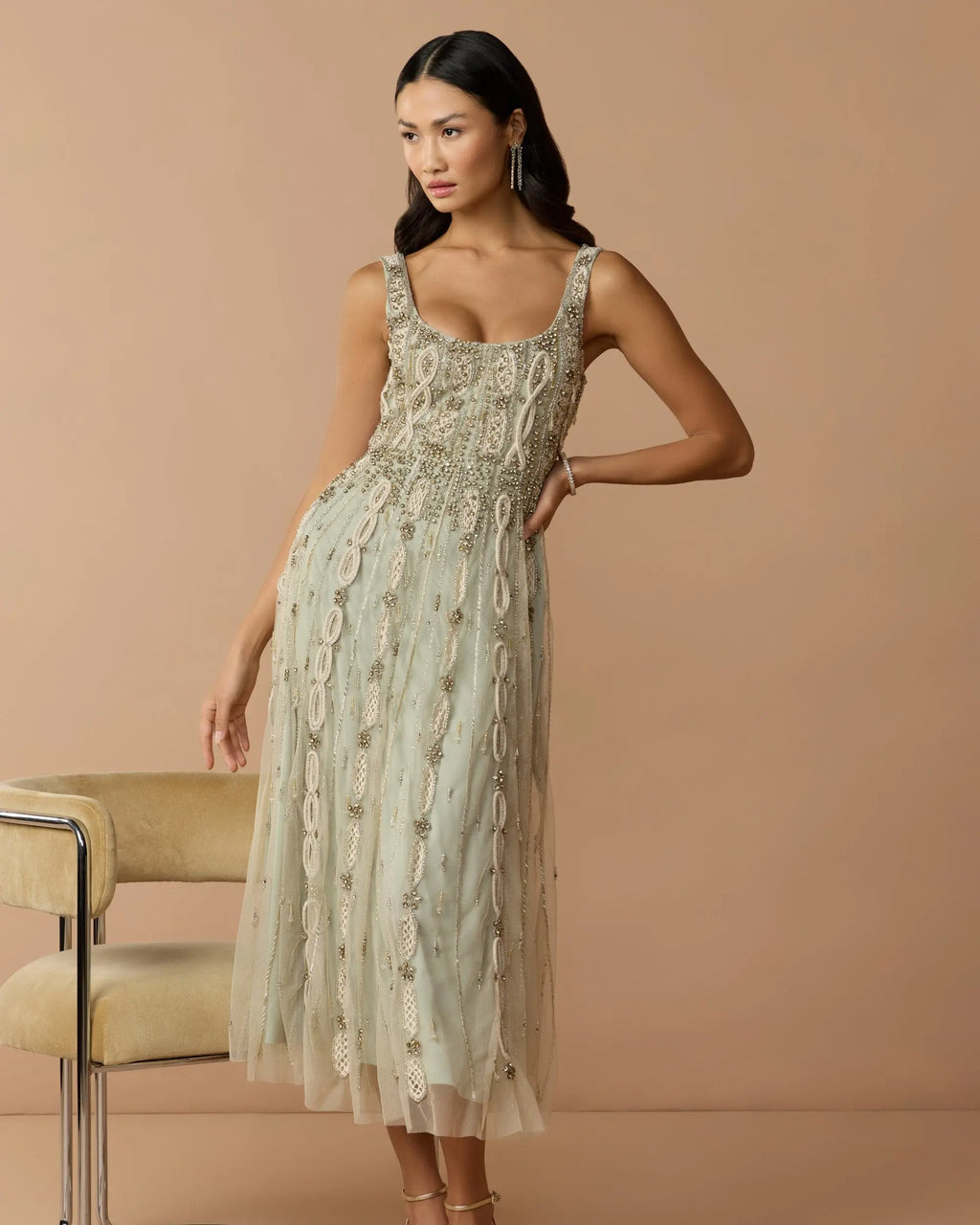 Sleeveless Scoop Neck Embellished Midi Dress