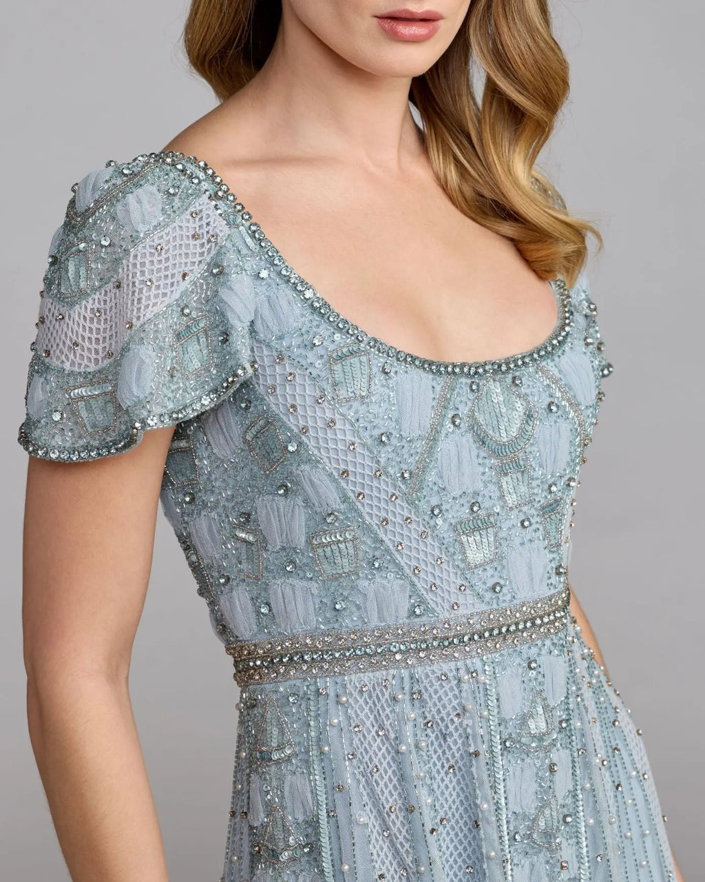 Blue Short Sleeve Scoop Neck Embellished Gown