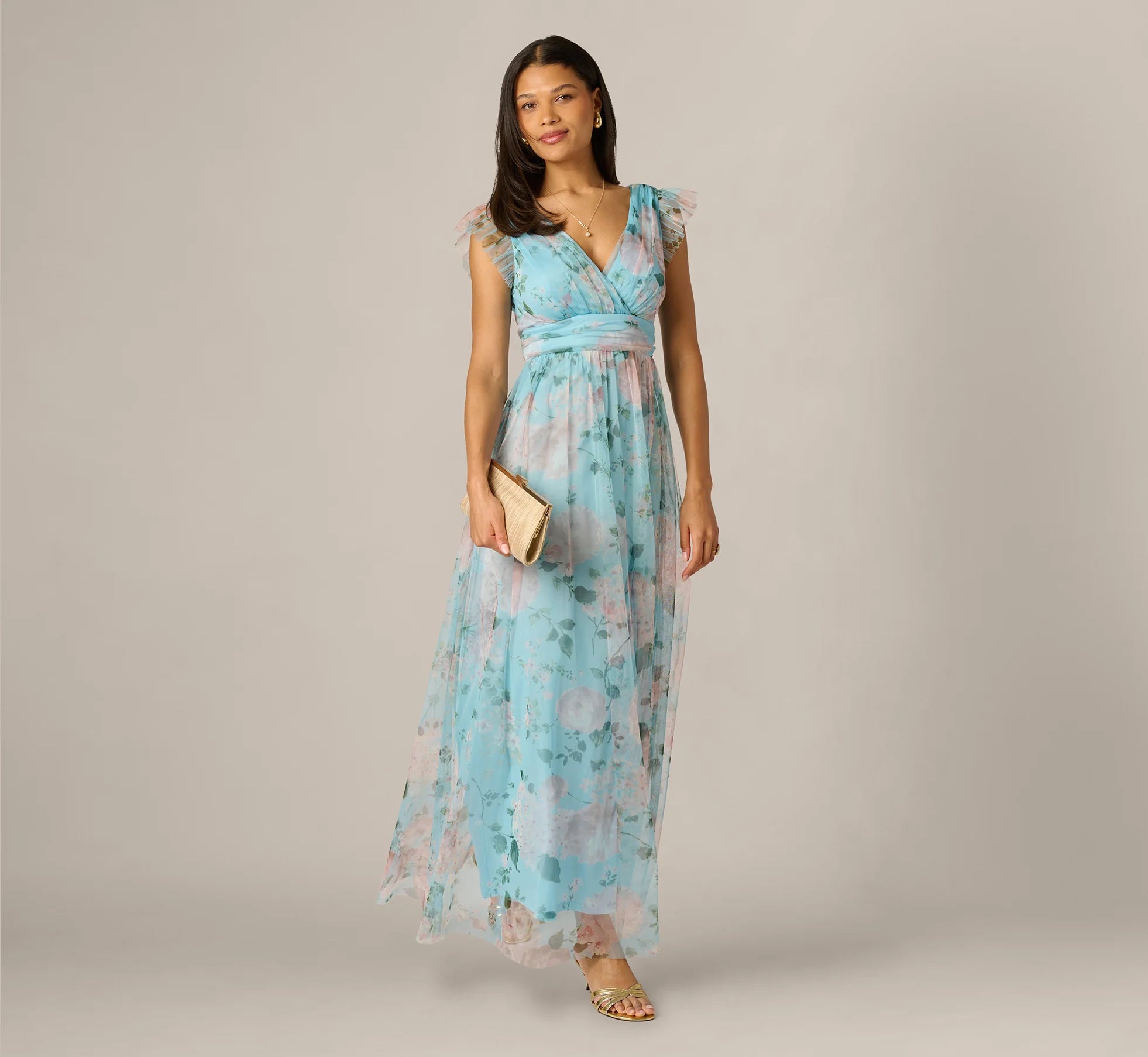 Flutter Sleeve Floral Tulle Maxi Dress In Blue Multi