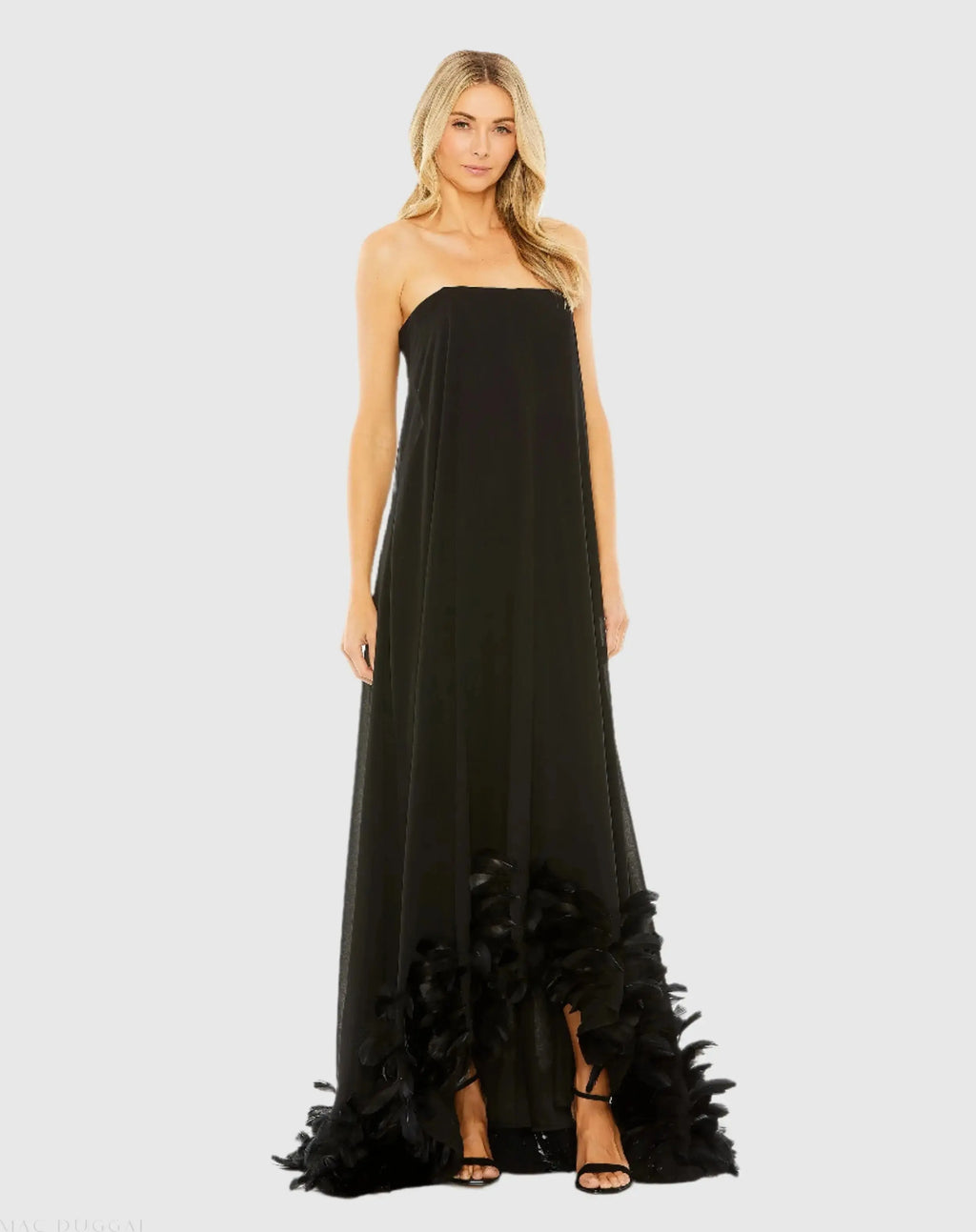 Strapless Flare Feather Hem Gown