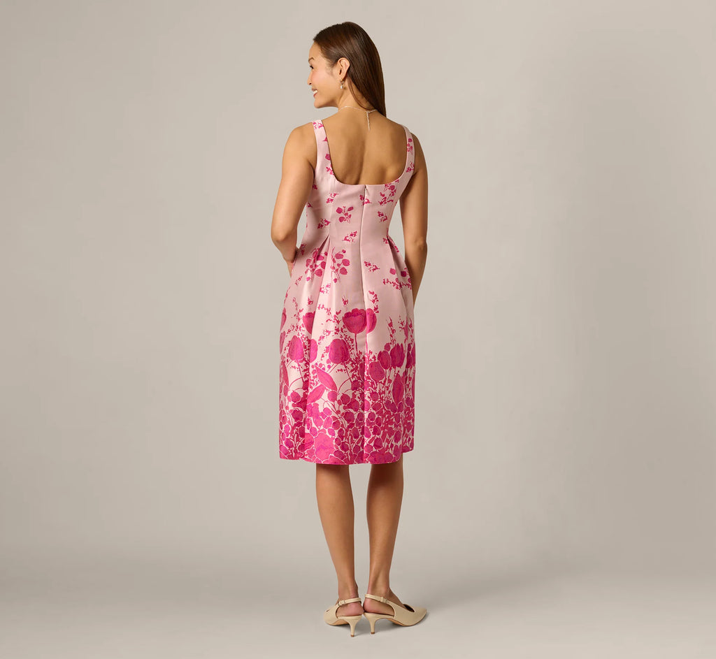 Square Neck Tulip Floral Border Jacquard Dress In Pink Multi