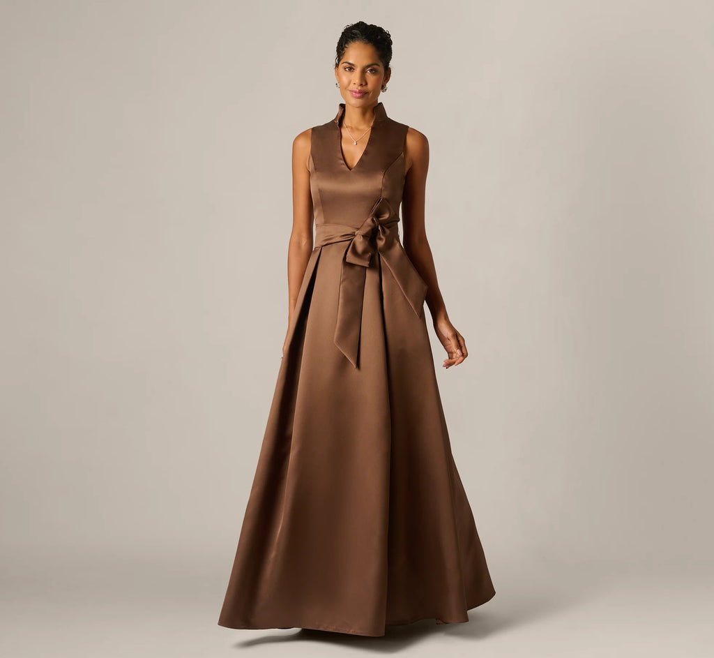 Sleeveless Queen Anne Tie Front Ballgown In Espresso