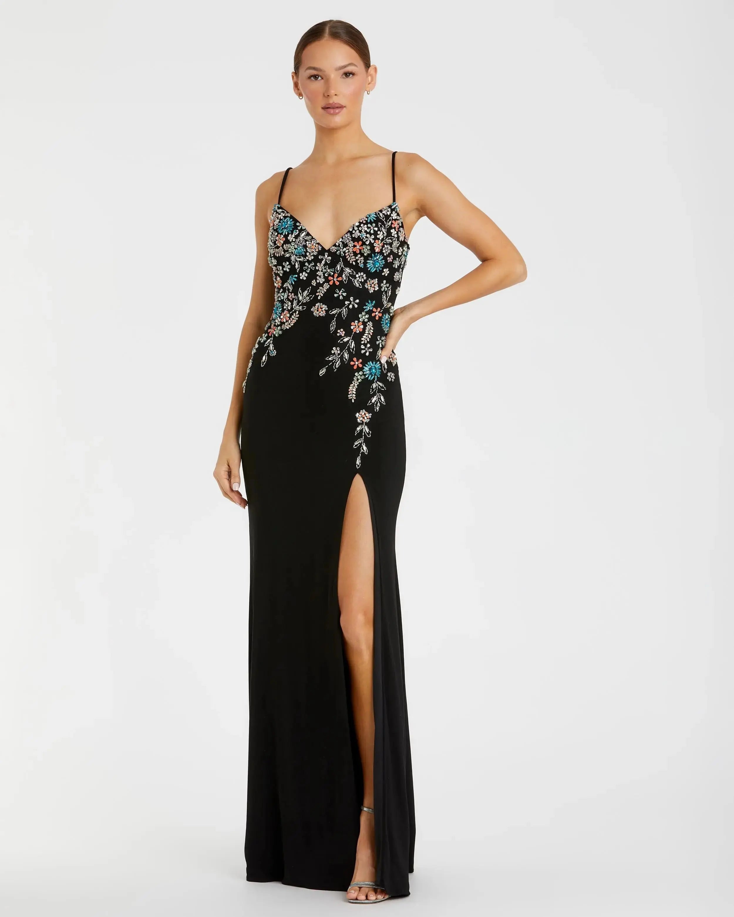 Black Multi Color Beaded Floral Cami Gown - FINAL SALE