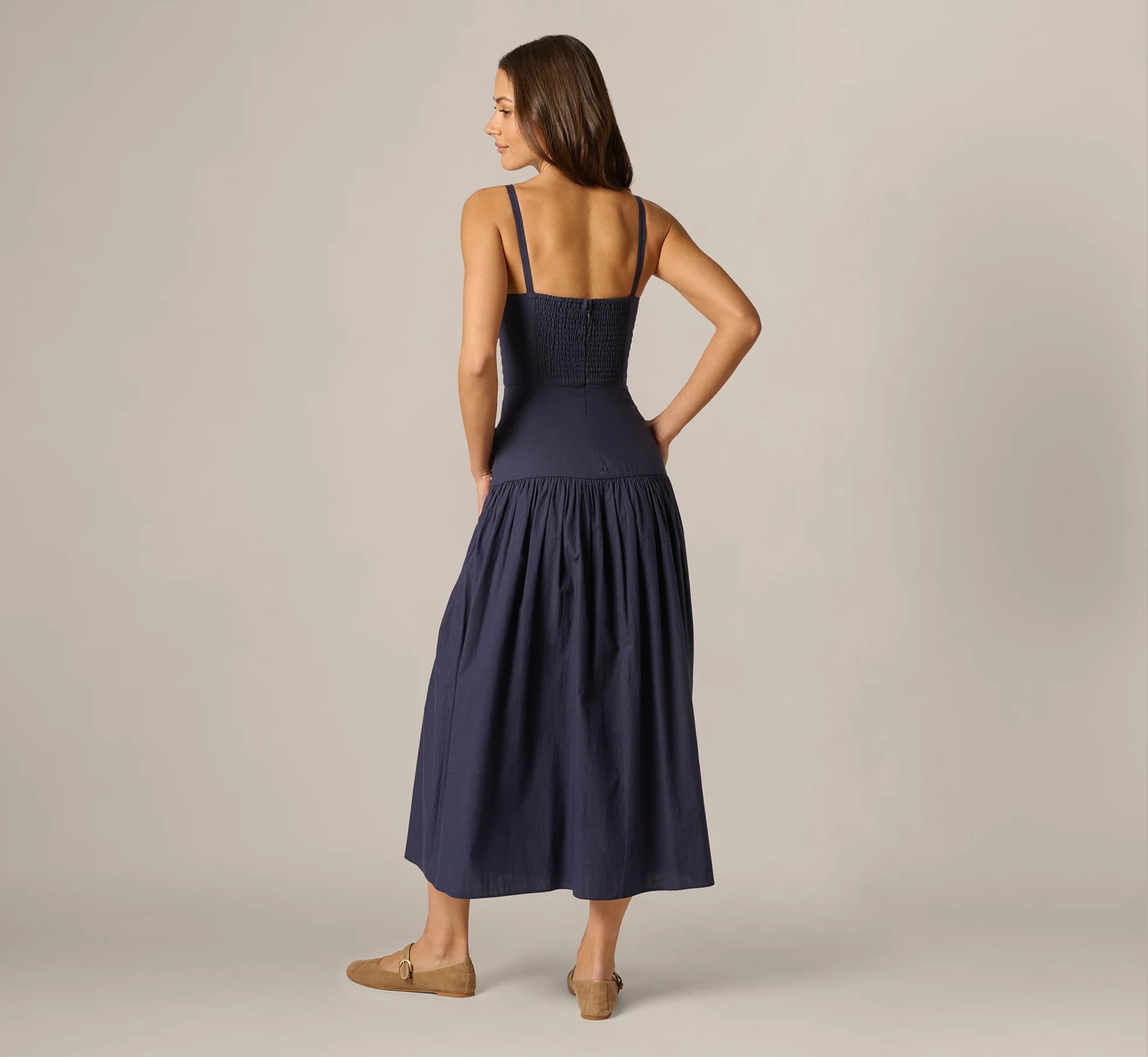 Drop Waist Chevron Cotton Midi Sundress In Navy Ivory
