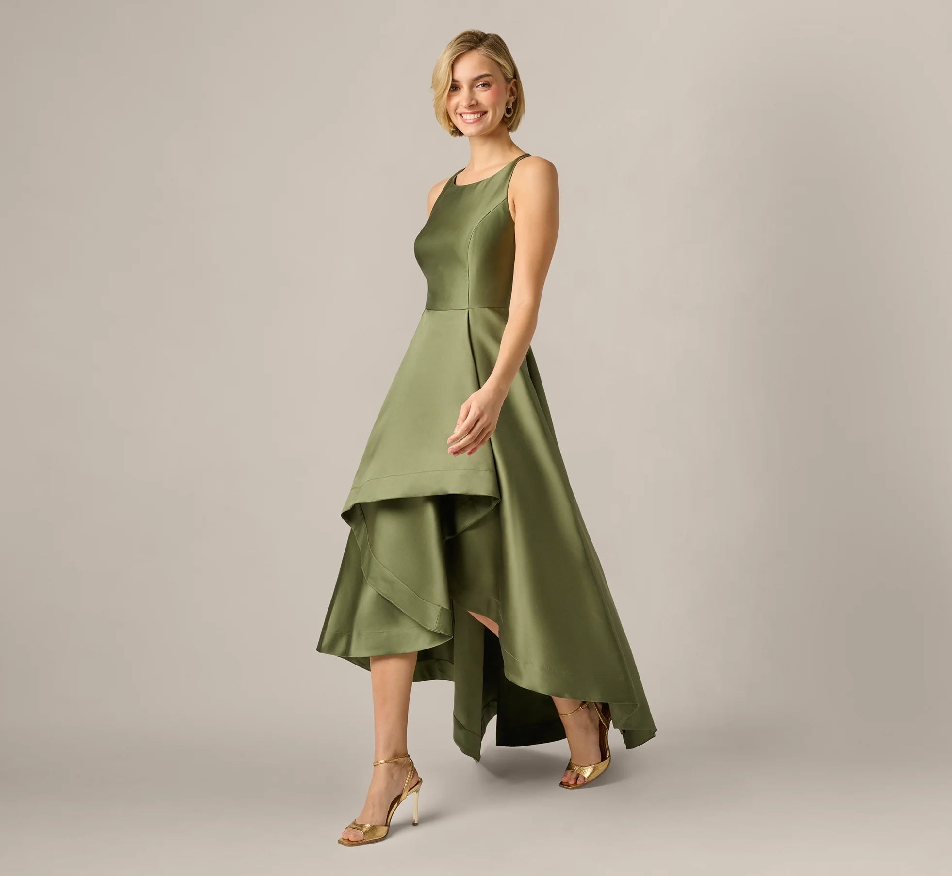 High Low Mikado Gown With Asymmetrical Detail In Jungle Olive