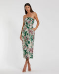 Petite Multicolor Floral Brocade Strapless Fitted Midi Dress
