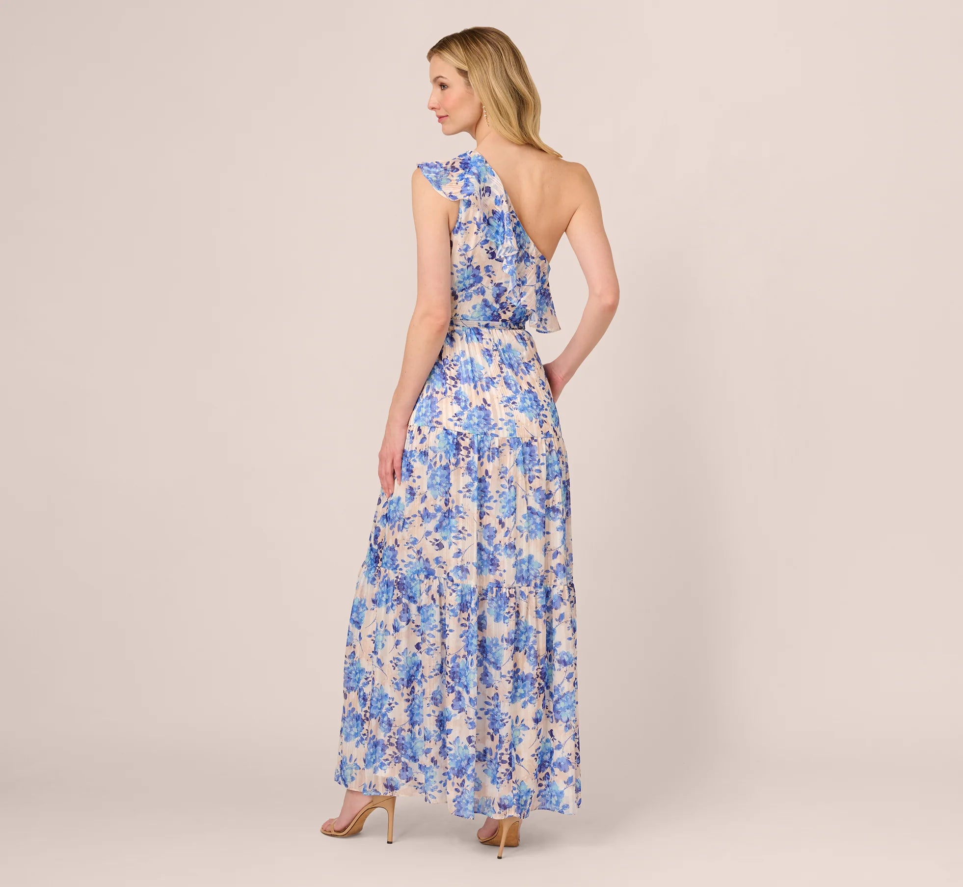 One Shoulder Metallic Stripe Floral Maxi Dress In Champagne Blue Multi